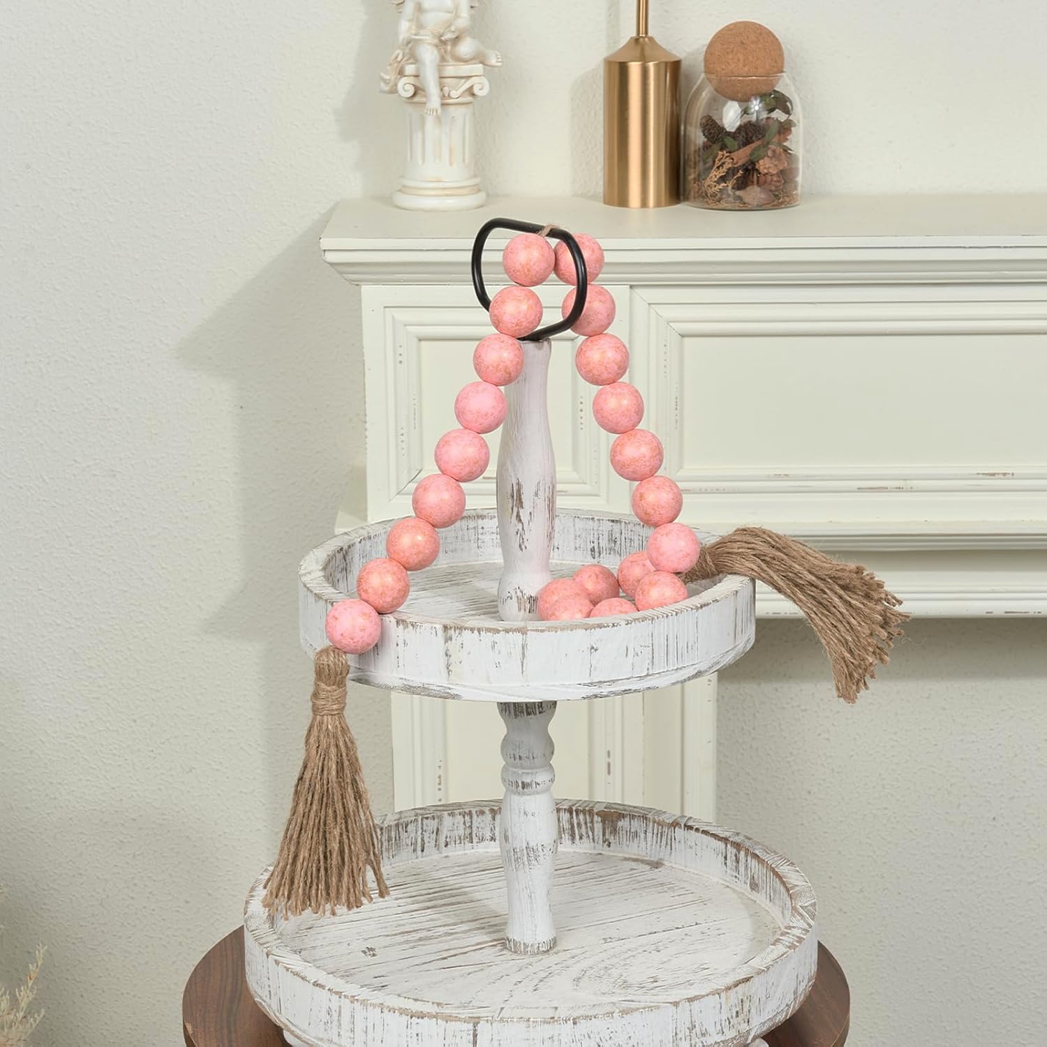 OMISHE 1.2&#34; Large Wood Bead Garland with Tassels, 35.5&#34; Long Boho Decorative Beads, Farmhouse Beads Garland for Home Tiered Tray Decor, Rustic Pink