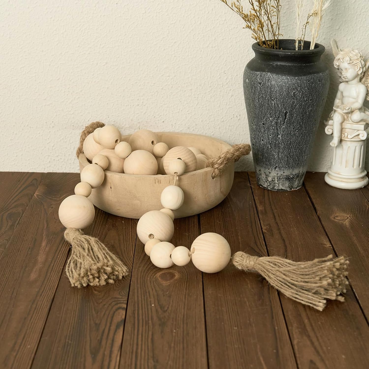 2&#34; Extra Large Wood Bead Garland with Tassels, 60&#34; Long Rustic Farmhouse Wooden Beads Garland, Decorative Beads Boho Decorations for Home Table Mantle Natural Beige