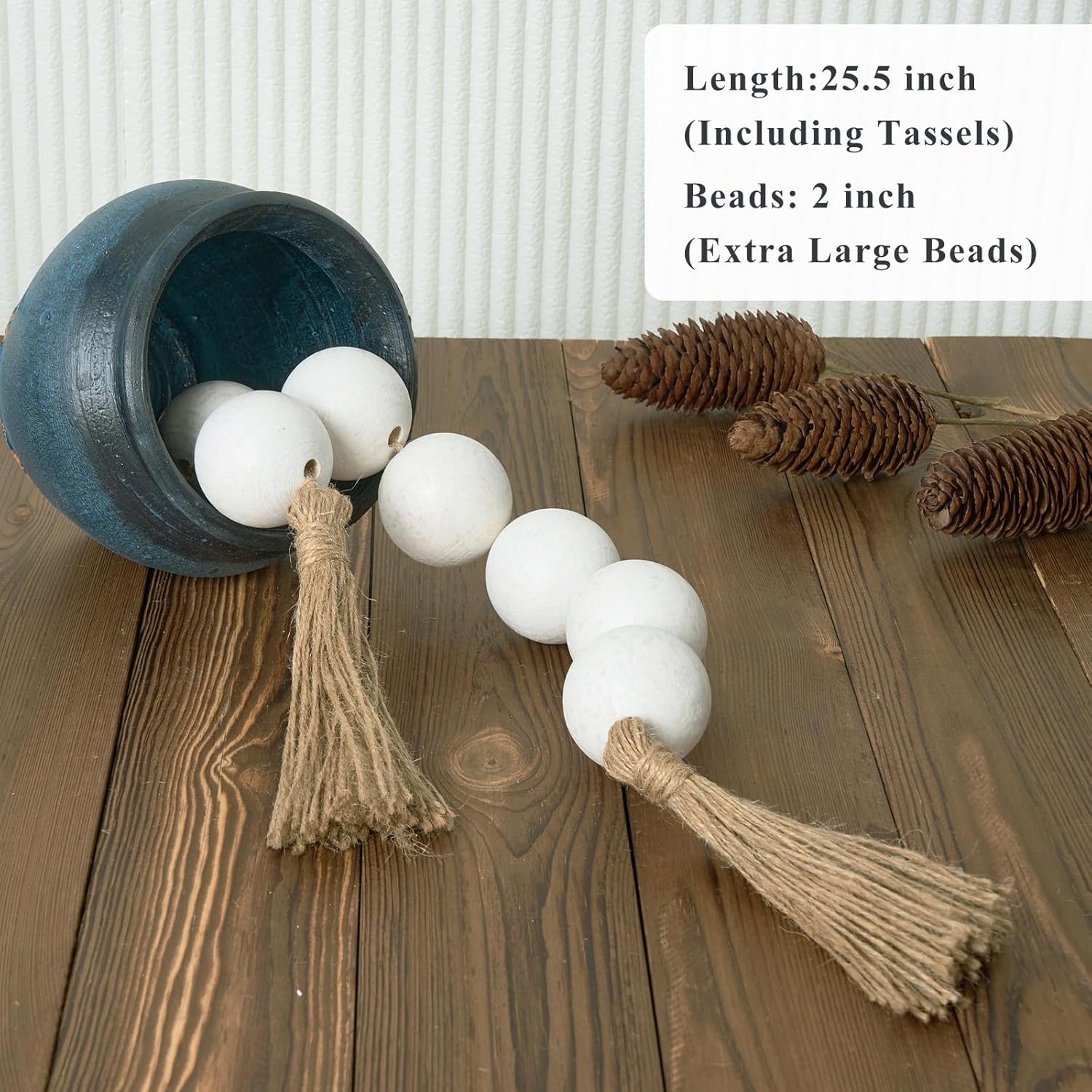 OMISHE Extra Large Wood Bead Garland with 2&#34; Diameter Wooden Beads, 25.5&#34; Long Rustic Farmhouse Wooden Decorative Beads Boho Decorations for Home Table Mantle, Rustic White