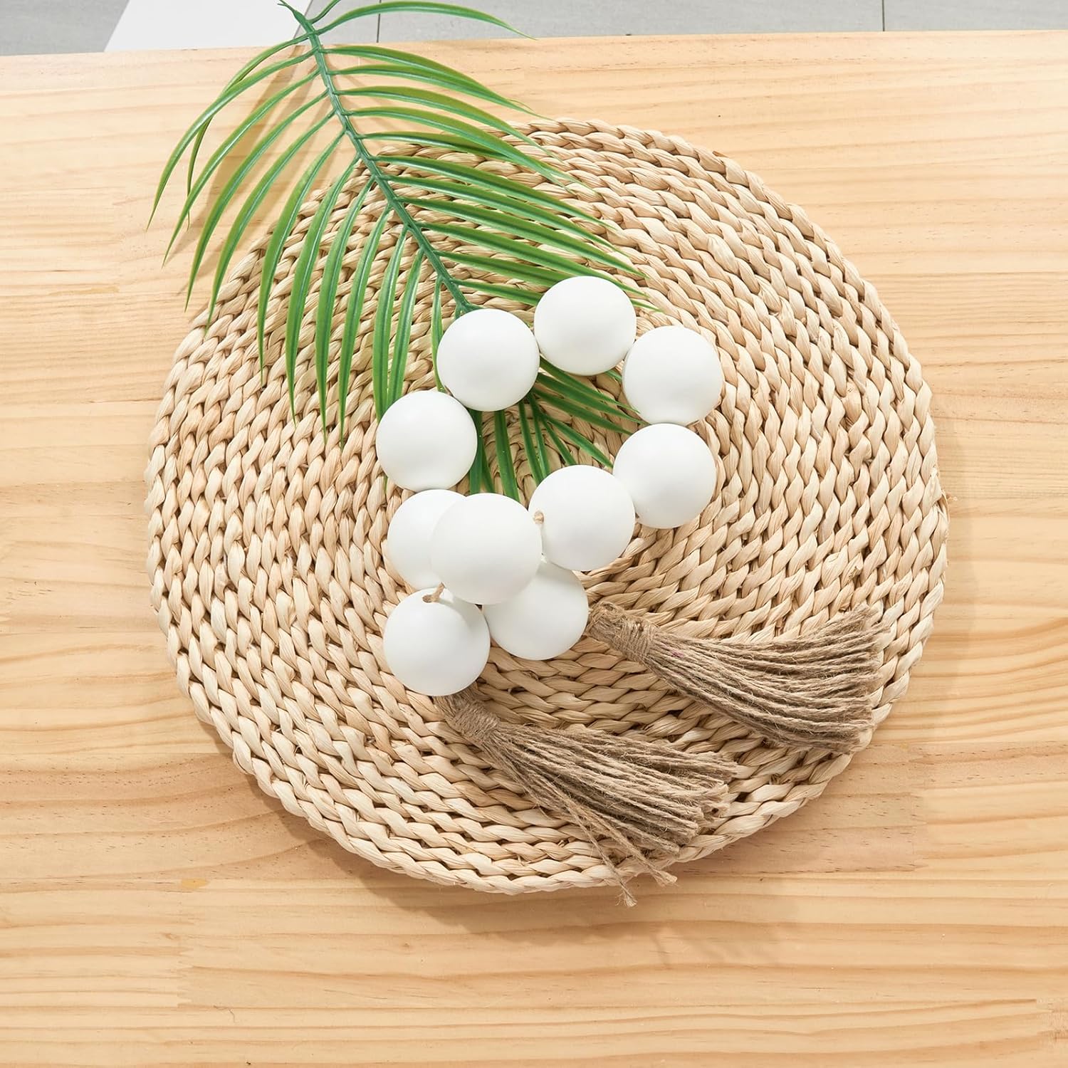 OMISHE Extra Large Wood Bead Garland with 2&#34; Diameter Wooden Beads, 33&#34; Long Rustic Farmhouse Wooden Decorative Beads Boho Decorations for Home Table Mantle, White