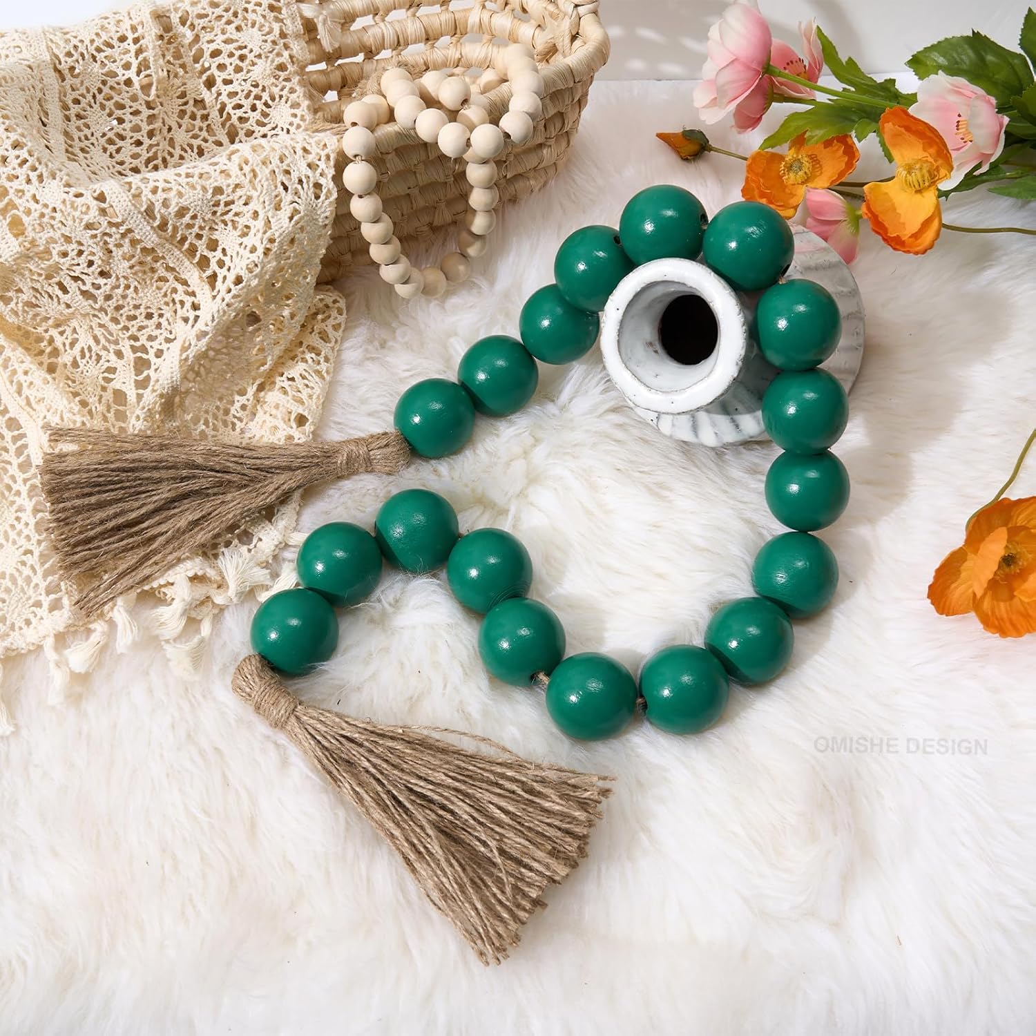OMISHE Extra Large Wood Bead Garland Green with 1.6&#34; Diameter Wooden Beads and Tassels, 41&#34; Long Rustic Farmhouse Country Decorative Beads for Home Tiered Tray Decor, Green