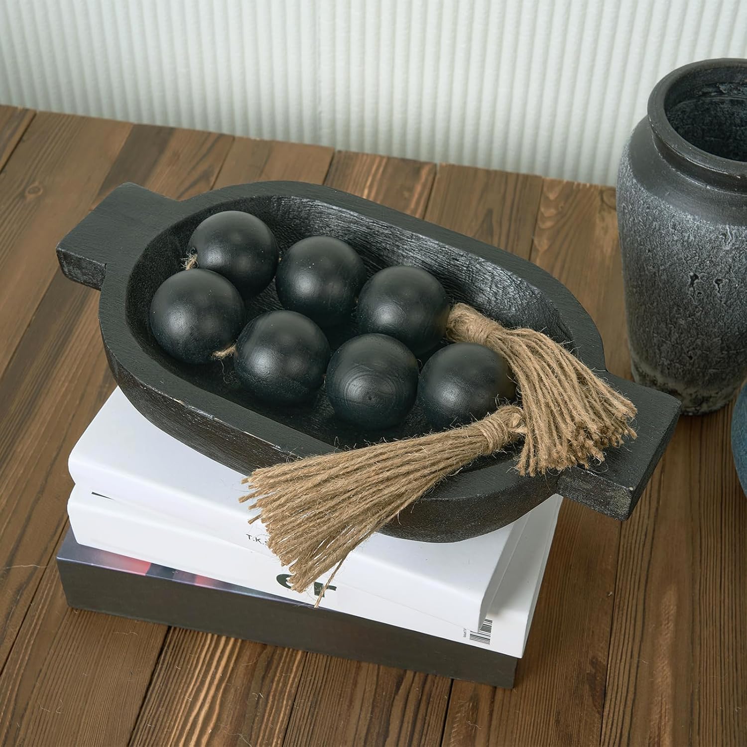 OMISHE Extra Large Wood Bead Garland with 2&#34; Diameter Wooden Beads, 25.5&#34; Long Rustic Farmhouse Decorative Wooden Beads Garland with Tassels, Boho Decorations for Home Table Mantle, Black