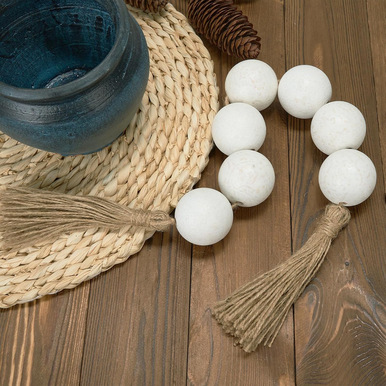 OMISHE Extra Large Wood Bead Garland with 2&#34; Diameter Wooden Beads, 25.5&#34; Long Rustic Farmhouse Wooden Decorative Beads Boho Decorations for Home Table Mantle, Rustic White