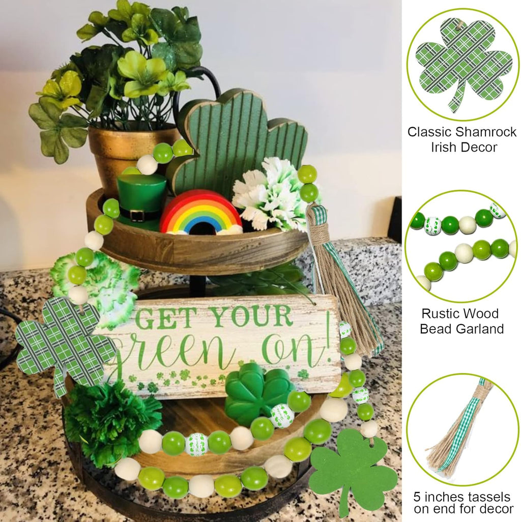 2 Pieces St Patrick&#39;s Day Wood Bead Garlands with Tassels, St Patricks Day Decorations for Home, 42&#34; Rustic Farmhouse Country Wood Beads Boho Shamrock Garland for Tiered Tray Decor