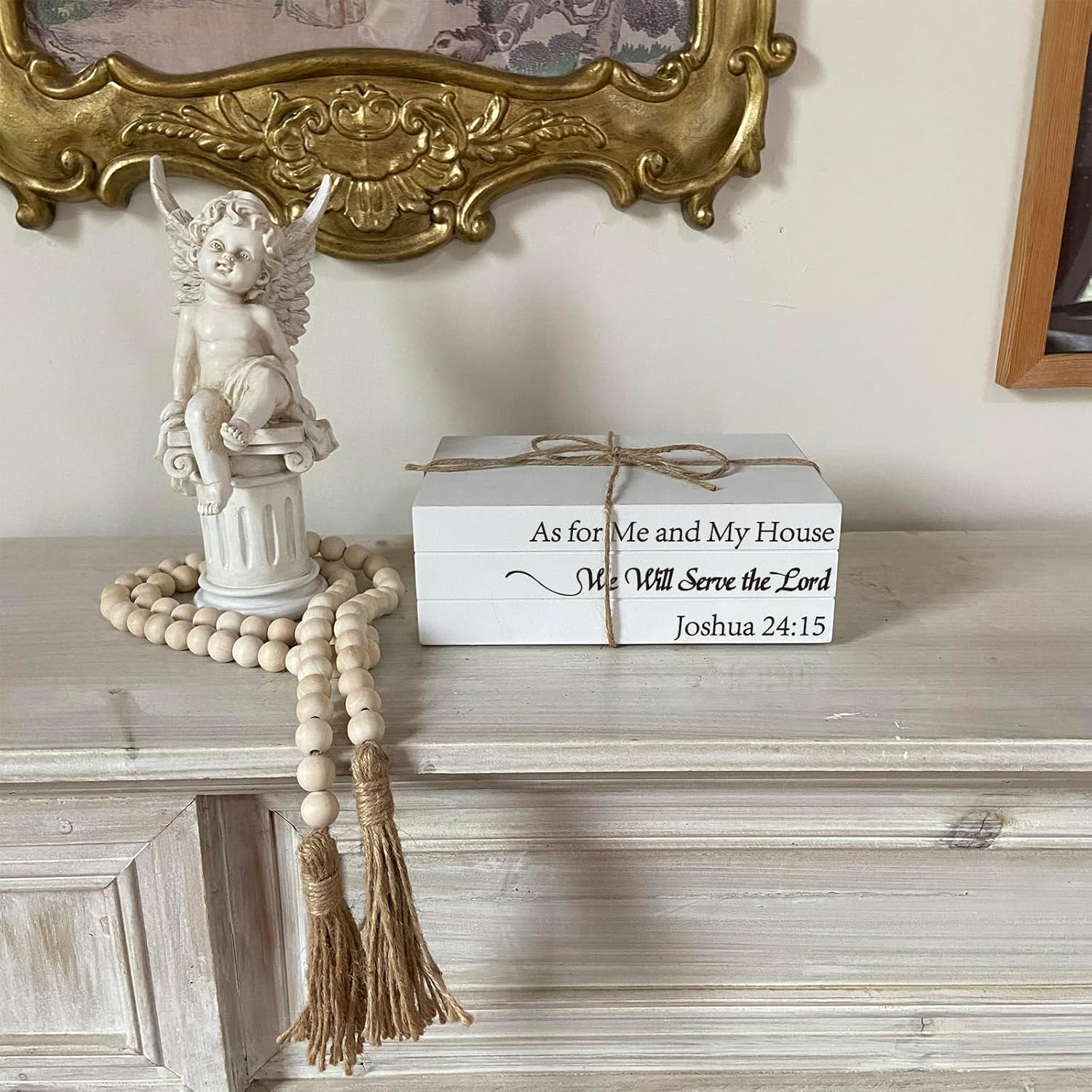 Decorative Books for Home Decor, White Faux Books for Decoration, Rustic Farmhouse Stacked Display Books (As for Me and My House We Will Serve The Lord)