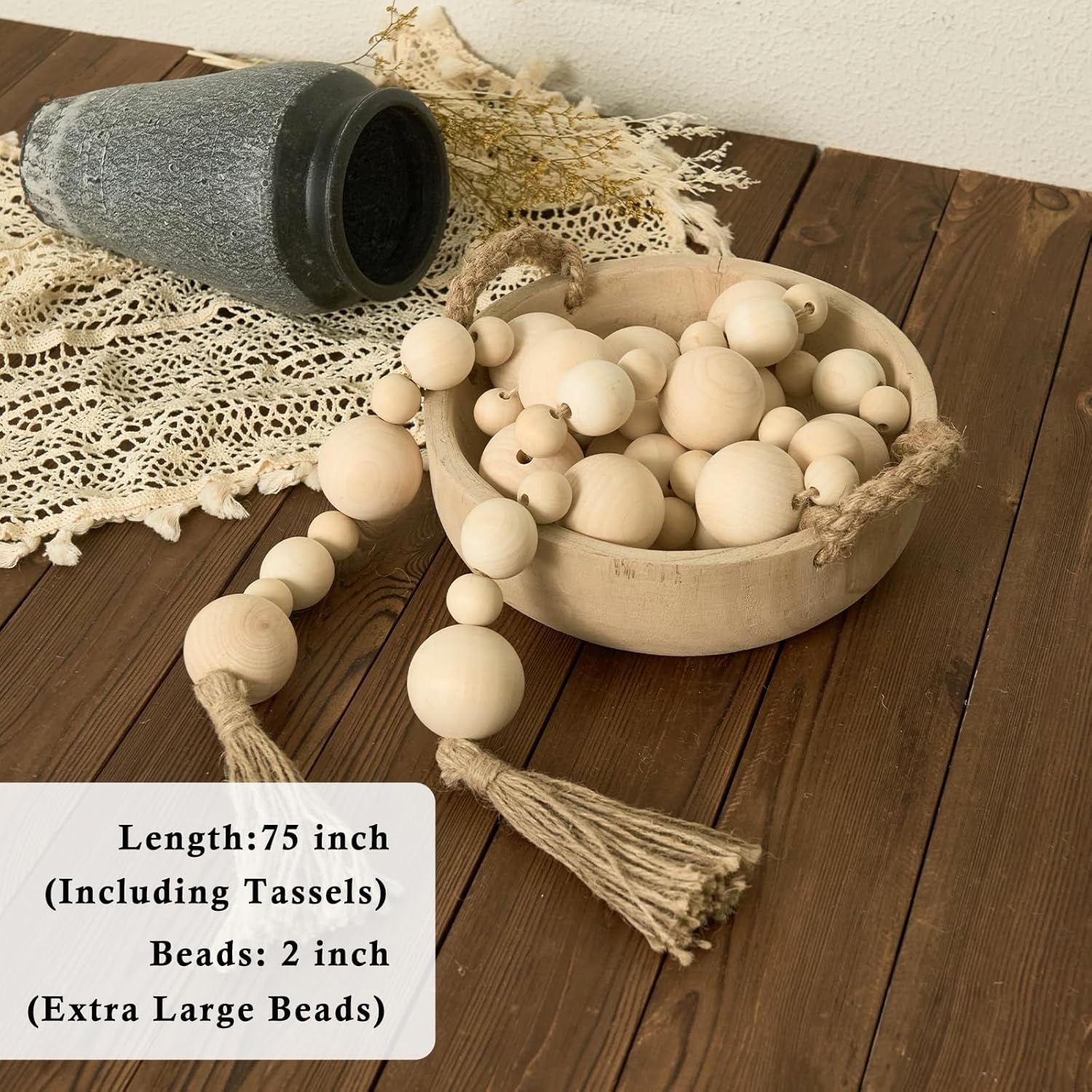 2&#34; Extra Large Wood Bead Garland with Tassels, 75&#34; Long Rustic Farmhouse Wooden Beads Garland, Decorative Beads Boho Decorations for Home Table Mantle Natural Beige