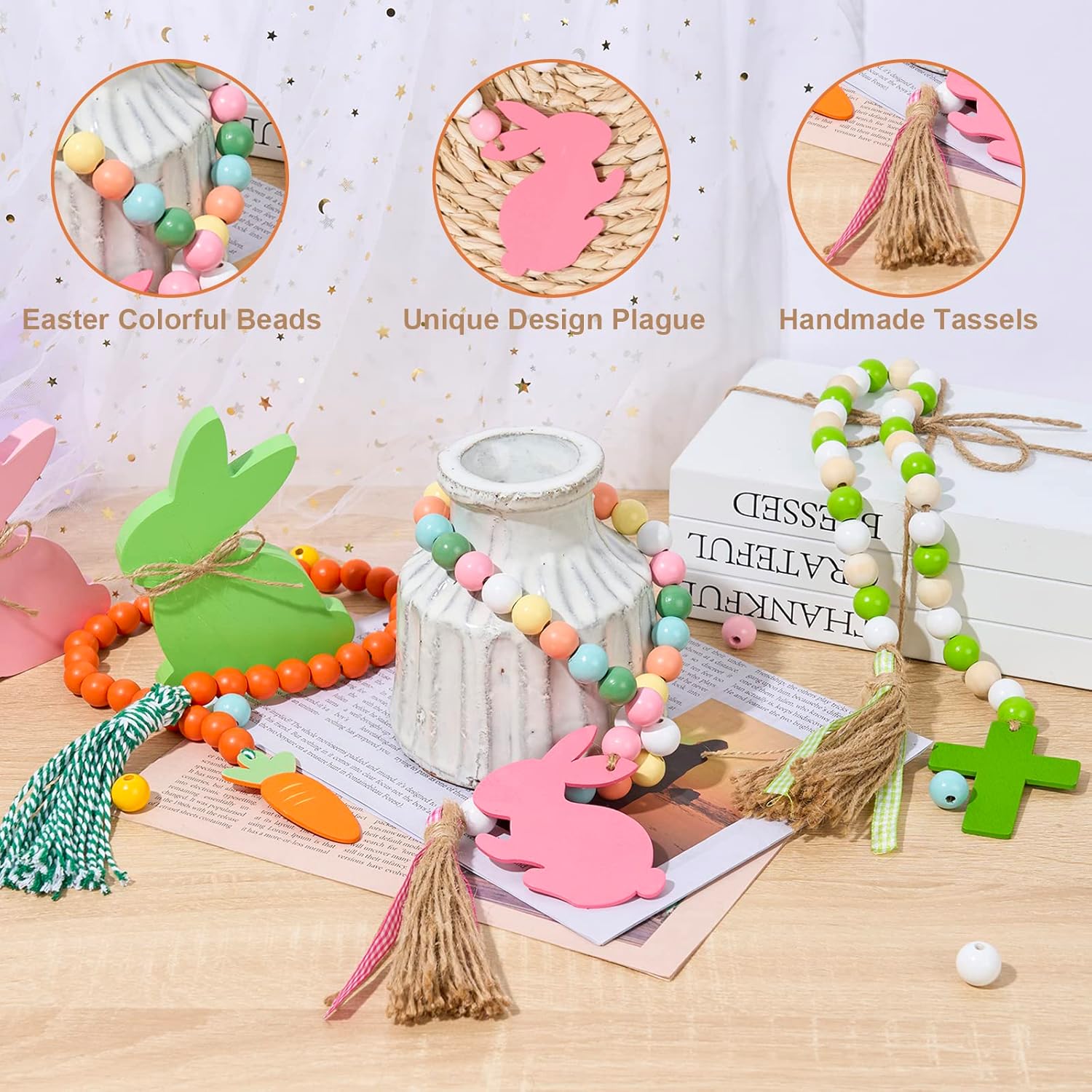 3 Pieces Easter Wood Bead Garlands with Tassels, Easter Decorations for Home, Rustic Farmhouse Country Bunny Rabbit Carrot Cross Tag Wooden Beads Garland for Tiered Tray Decor