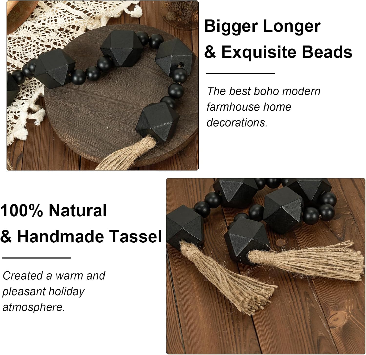 2&#34; Octagonal Extra Large Wood Bead Garland with Tassels, 28&#34; Long Rustic Farmhouse Wooden Beads Garland, Decorative Beads Boho Decorations for Home Table Mantle Black
