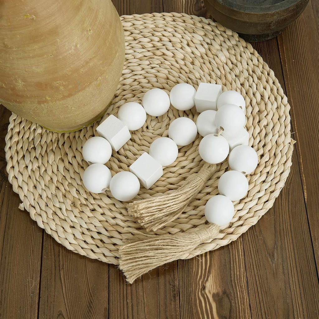 OMISHE White Extra Large Wood Bead Garland with 1.6&#34; Diameter Wooden Beads and Tassels, 41.5&#34; Long Rustic Farmhouse Country Boho Decorative Beads for Home Decor Tiered Tray Decor