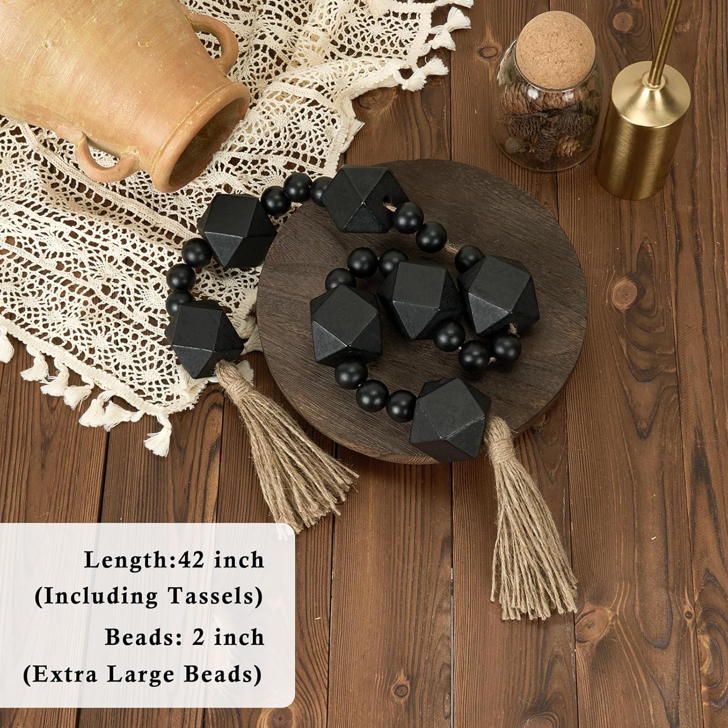 2&#34; Octagonal Extra Large Wood Bead Garland with Tassels, 42&#34; Long Rustic Farmhouse Wooden Beads Garland with Tassels, Decorative Beads Boho Decorations for Home Table Mantle Black