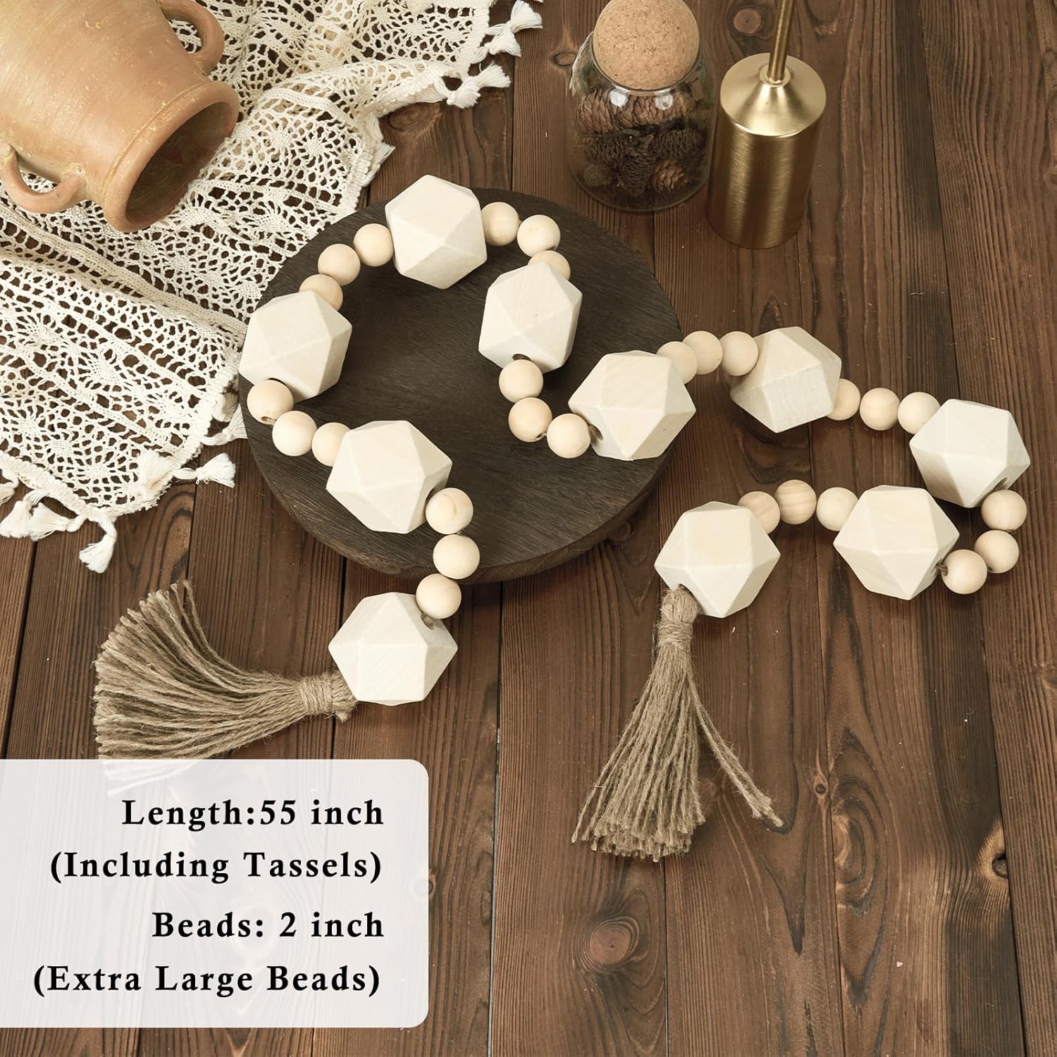 2&#34; Octagonal Extra Large Wood Bead Garland with Tassels, 55&#34; Long Rustic Farmhouse Wooden Beads Garland, Decorative Beads Boho Decorations for Home Table Mantle Natural Beige