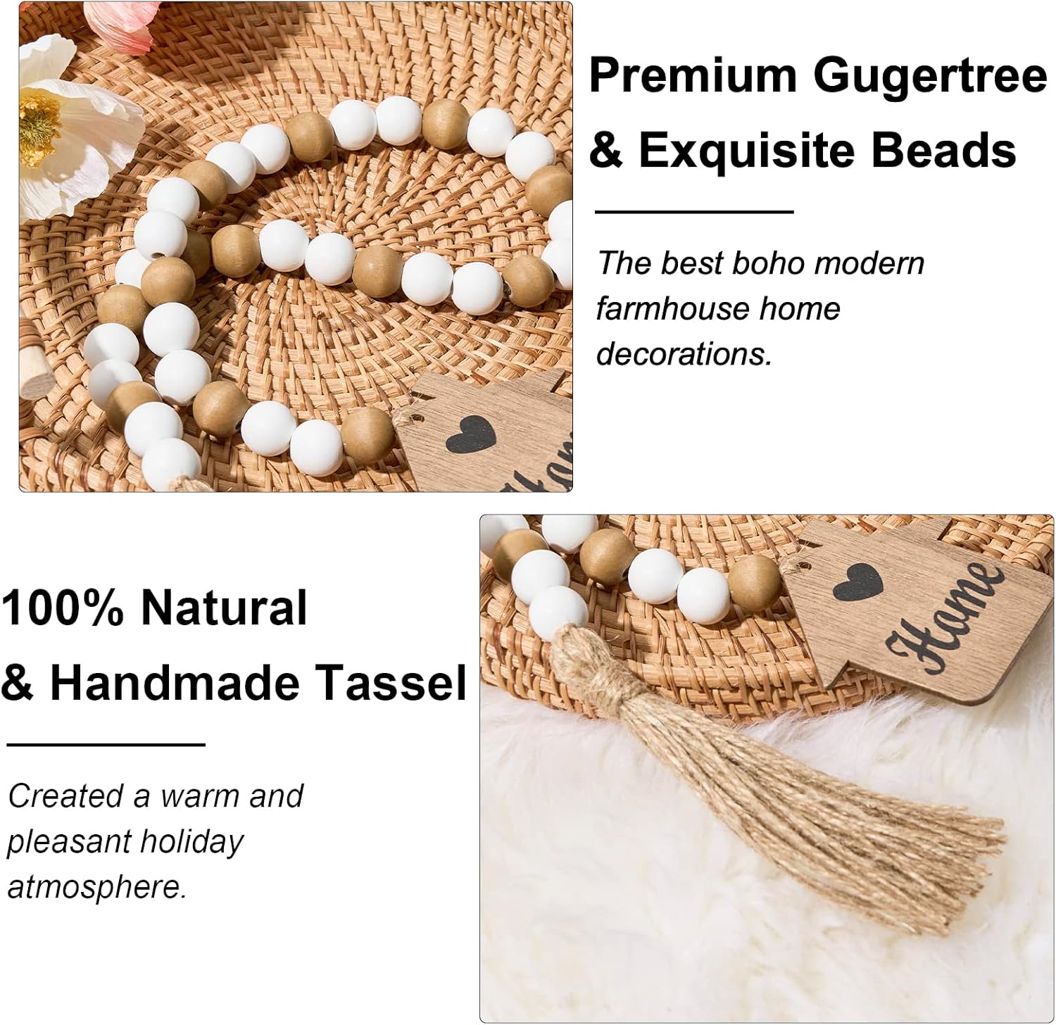 OMISHE Wood Bead Garland with Tassels, Wooden Beads Garland with Home Tag, Boho Farmhouse Decorative Beads for Home Tiered Tray Decor