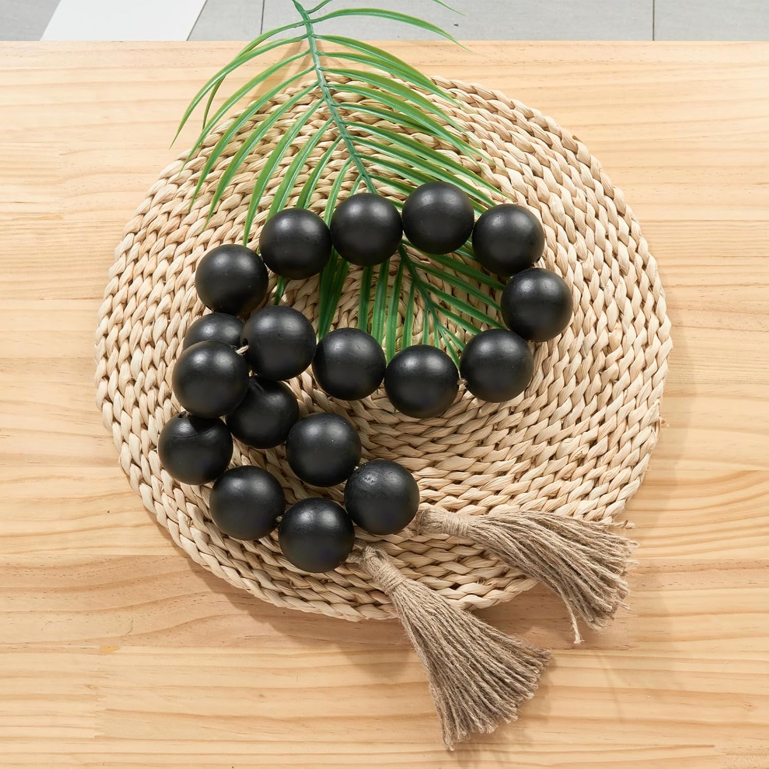 OMISHE Extra Large Wood Bead Garland with 2&#34; Diameter Wooden Beads, 49&#34; Long Rustic Farmhouse Wooden Beads Garland with Tassels, Decorative Beads Boho Decorations for Home Table Mantle Black