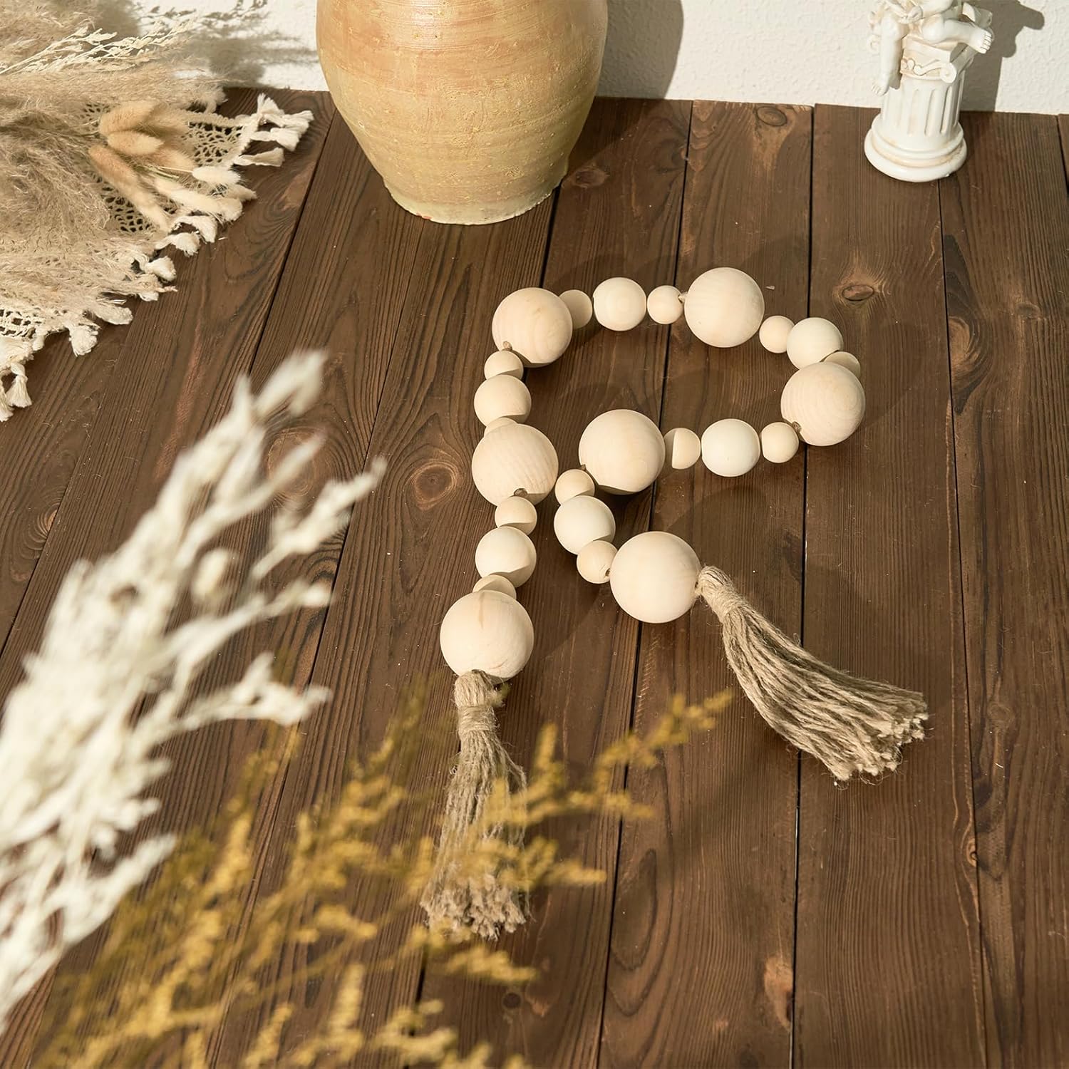 2&#34; Extra Large Wood Bead Garland with Tassels, 44&#34; Long Rustic Farmhouse Wooden Beads Garland, Decorative Beads Boho Decorations for Home Table Mantle Natural Beige