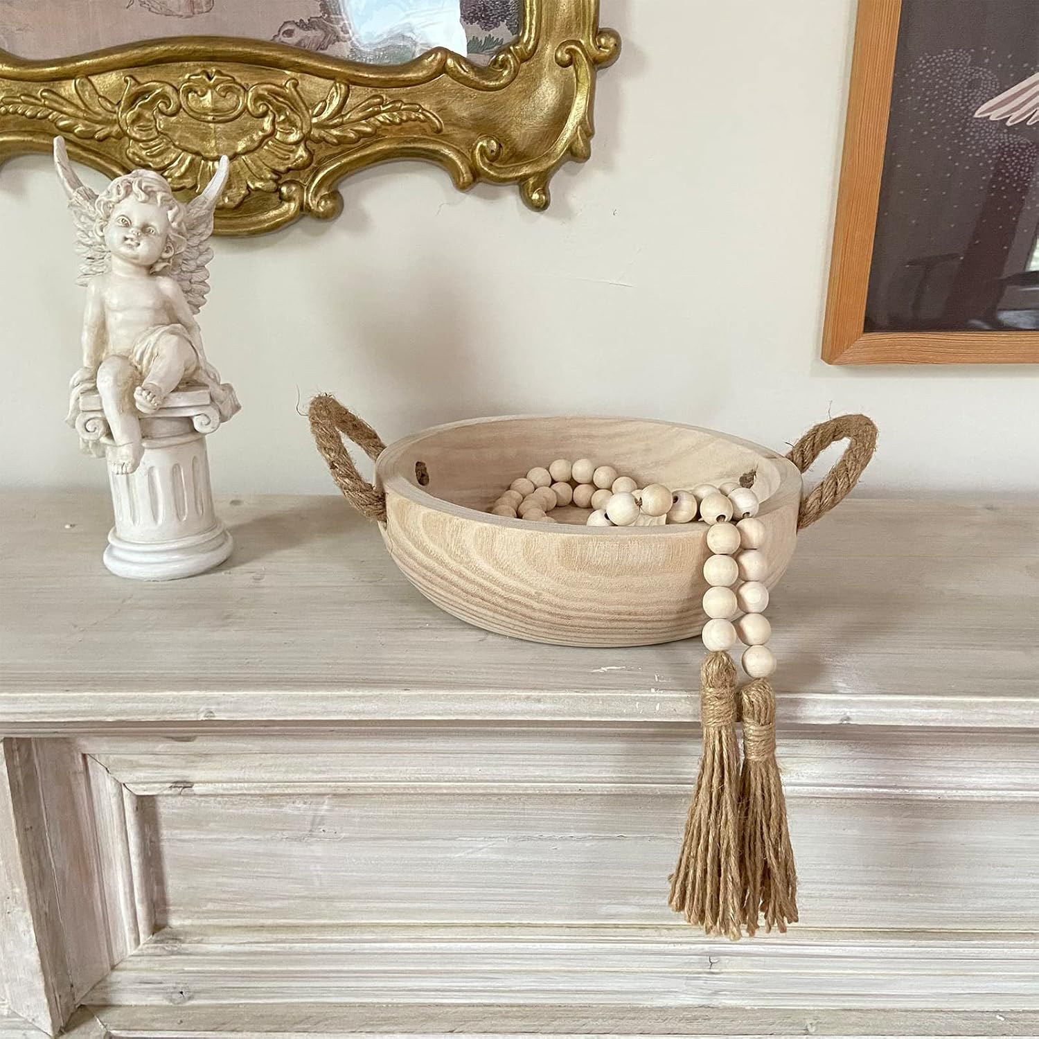 OMISHE Paulownia Wood Bowl, Decorative Bowl for Home Decor, Natural Handmade Dough Wooden Bowl, Rustic Round Serving Bowl with Rope Handle and Wood Bead Garland for Tabletop Centerpiece Decor