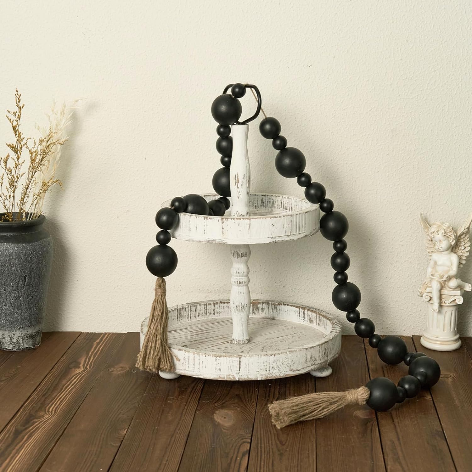 2&#34; Extra Large Wood Bead Garland with Tassels, 60&#34; Long Rustic Farmhouse Wooden Beads Garland, Decorative Beads Boho Decorations for Home Table Mantle Black