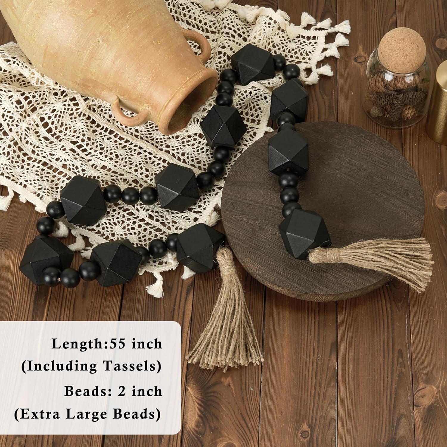 2&#34; Octagonal Extra Large Wood Bead Garland with Tassels, 55&#34; Long Rustic Farmhouse Wooden Beads Garland, Decorative Beads Boho Decorations for Home Table Mantle Black