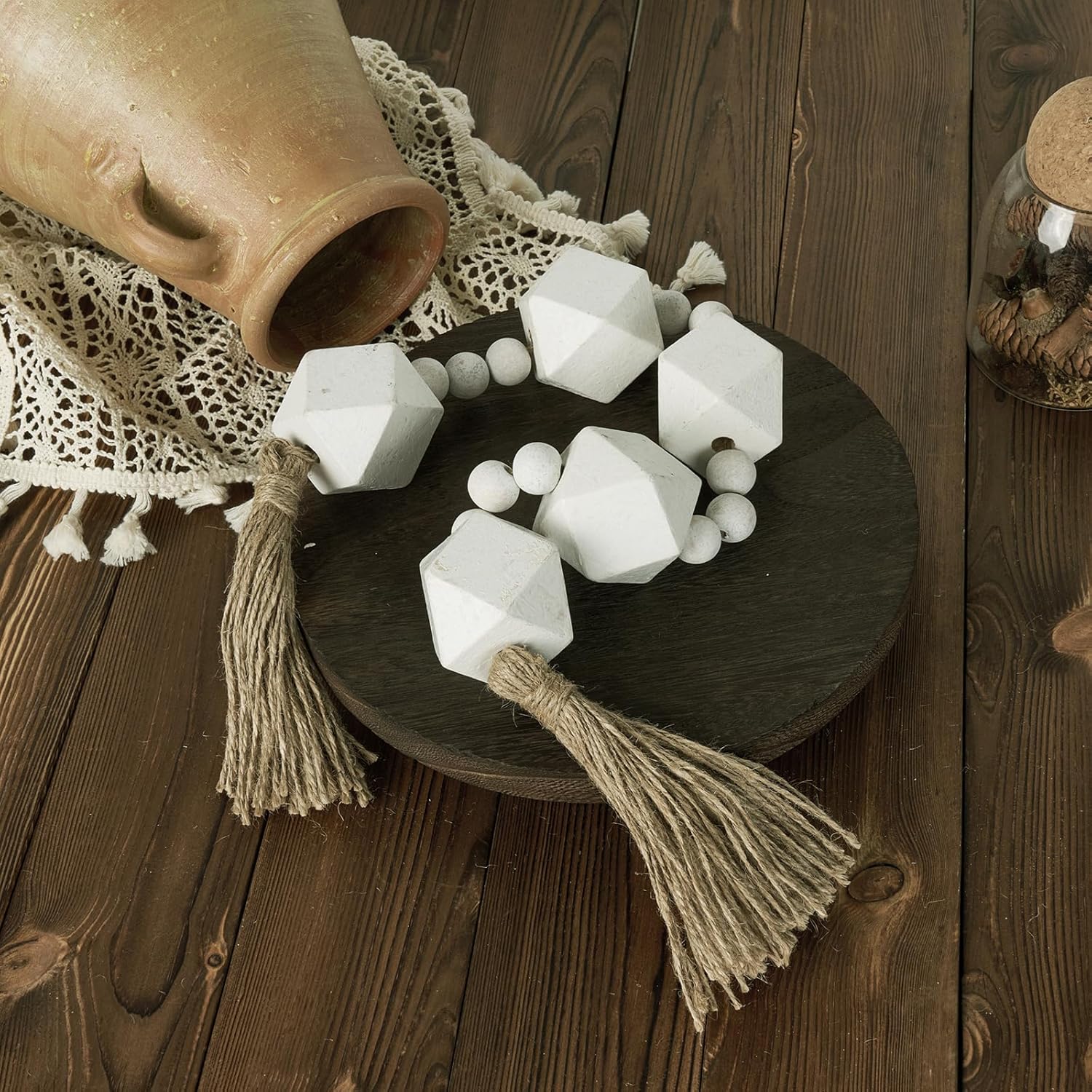 2&#34; Octagonal Extra Large Wood Bead Garland with Tassels, 28&#34; Long Rustic Farmhouse Wooden Beads Garland, Decorative Beads Boho Decorations for Home Table Mantle White