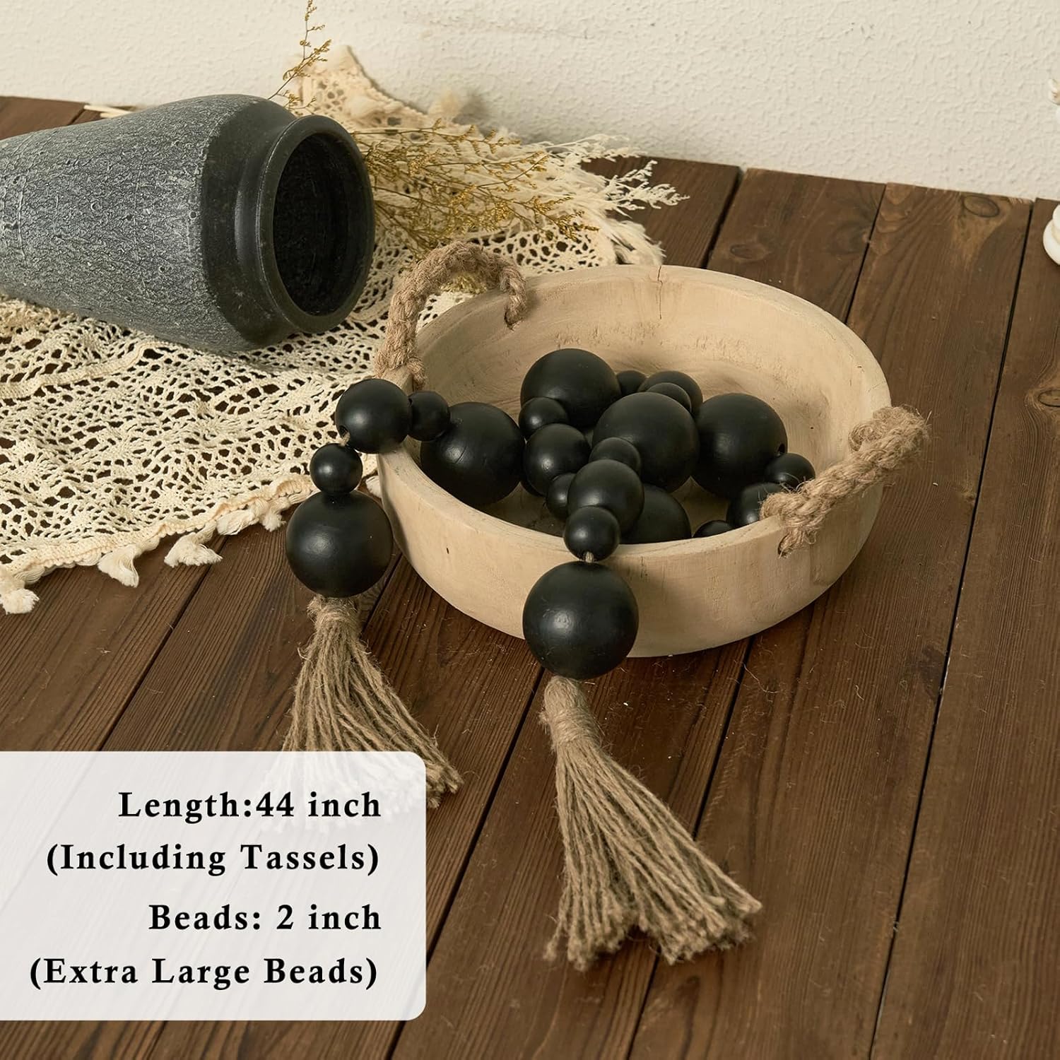2&#34; Extra Large Wood Bead Garland with Tassels, 44&#34; Long Rustic Farmhouse Wooden Beads Garland, Decorative Beads Boho Decorations for Home Table Mantle Black