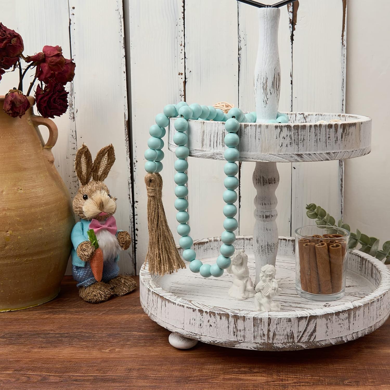 OMISHE 59in Wood Bead Garland with Tassels, Decorative Beads, Farmhouse Wooden Beads Garland for Wall Hanging Home Festival Decor, Aqua, Teal