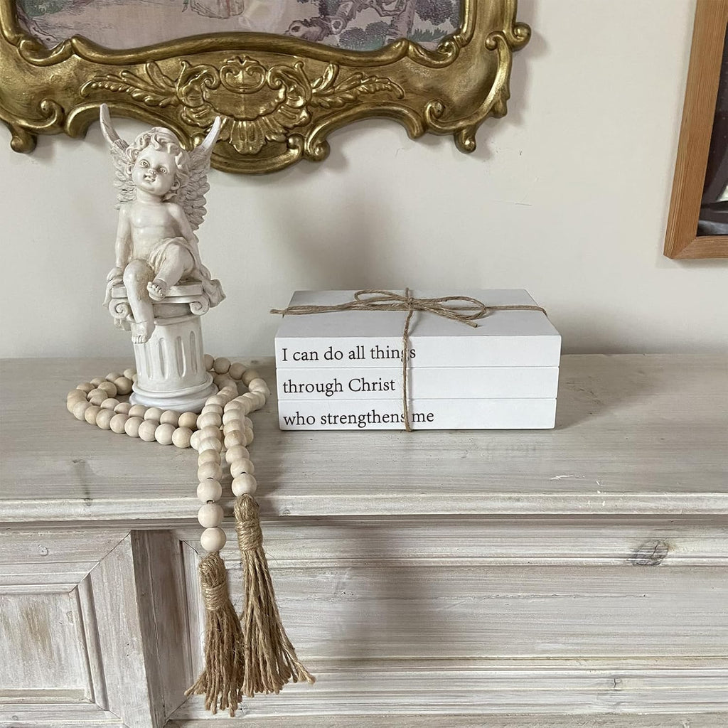 Decorative Books for Home Decor, White Faux Books for Decoration, Rustic Farmhouse Stacked Books with 52in Wood Bead Garland for Coffee Table Mantle Fireplace (I can do All Things Through Christ)