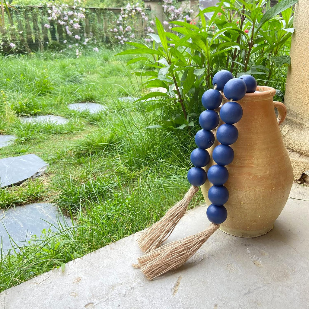 OMISHE 76&#34; Long Extra Large Wood Bead Garland Navy Blue with 1.6&#34; Diameter Wooden Beads and Tassels, Rustic Farmhouse Country Decorative Beads for Home Decor Tiered Tray Decor, Navy Blue