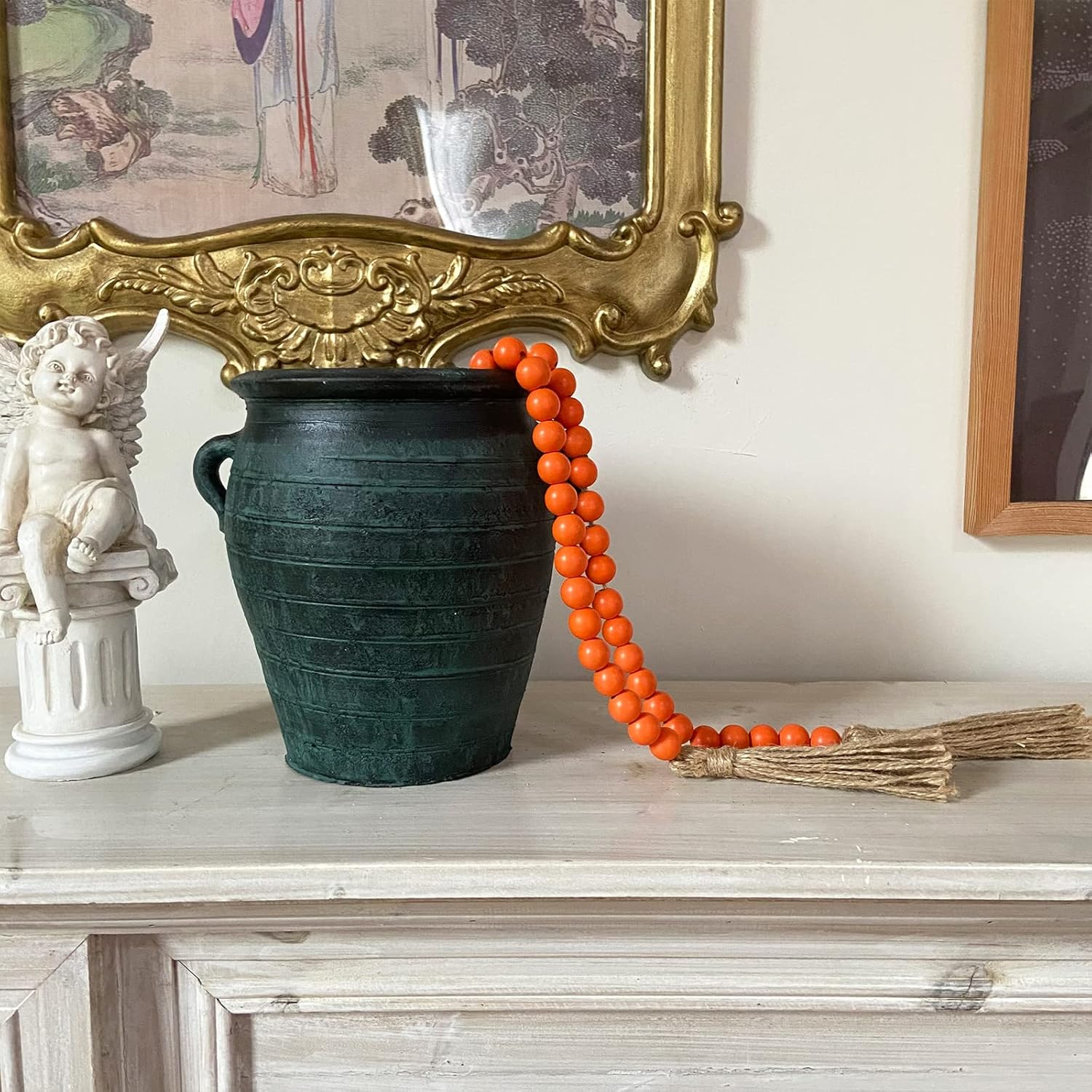 OMISHE 59in Wood Bead Garland with Tassels, Decorative Beads, Farmhouse Wooden Beads Garland for Wall Hanging Home Festival Decor, Orange