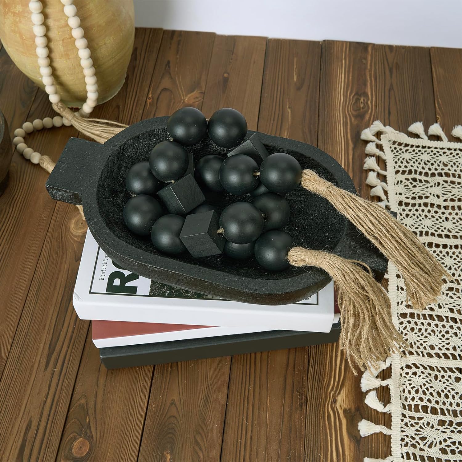 OMISHE Black Extra Large Wood Bead Garland with 1.6&#34; Diameter Wooden Beads and Tassels, 41.5&#34; Long Rustic Farmhouse Country Boho Decorative Beads for Home Decor Tiered Tray Decor