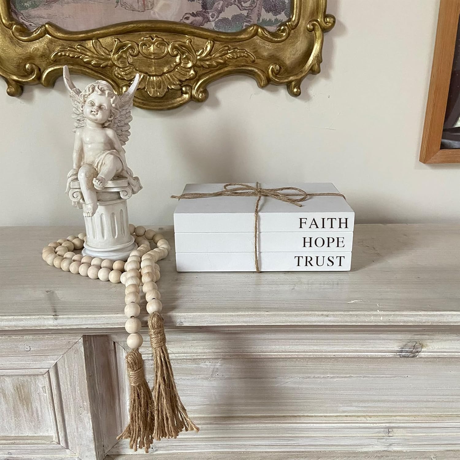 Decorative Books for Home Decor, White Faux Books for Decoration, Rustic Farmhouse Stacked Display Books (Faith, Hope, Trust)