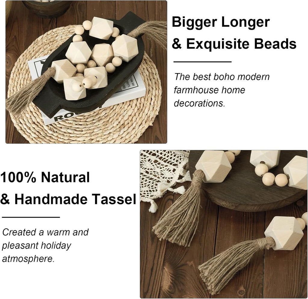 Extra Large Wood Bead Garland with 2&#34; Diameter Wooden Beads, 42&#34; Long Rustic Farmhouse Wooden Beads Garland with Tassels, Decorative Beads Boho Decorations for Home Table Mantle Natural Beige