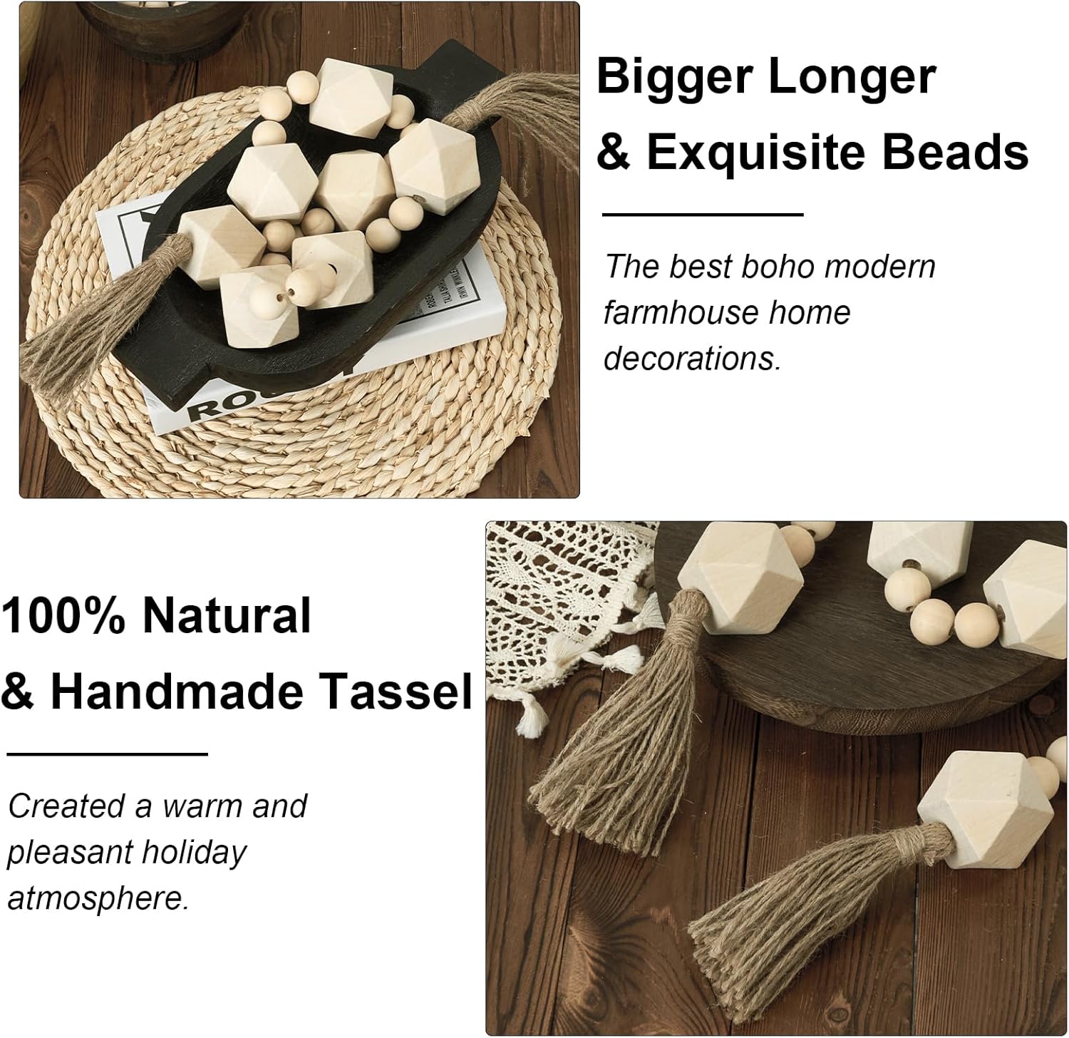 Extra Large Wood Bead Garland with 2&#34; Diameter Wooden Beads, 42&#34; Long Rustic Farmhouse Wooden Beads Garland with Tassels, Decorative Beads Boho Decorations for Home Table Mantle Natural Beige