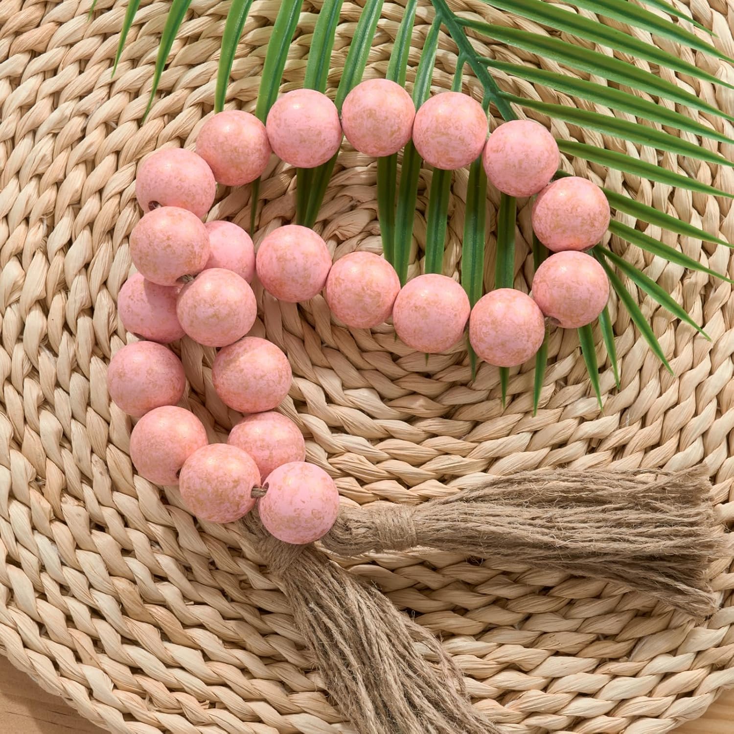 OMISHE 1.2&#34; Large Wood Bead Garland with Tassels, 35.5&#34; Long Boho Decorative Beads, Farmhouse Beads Garland for Home Tiered Tray Decor, Rustic Pink