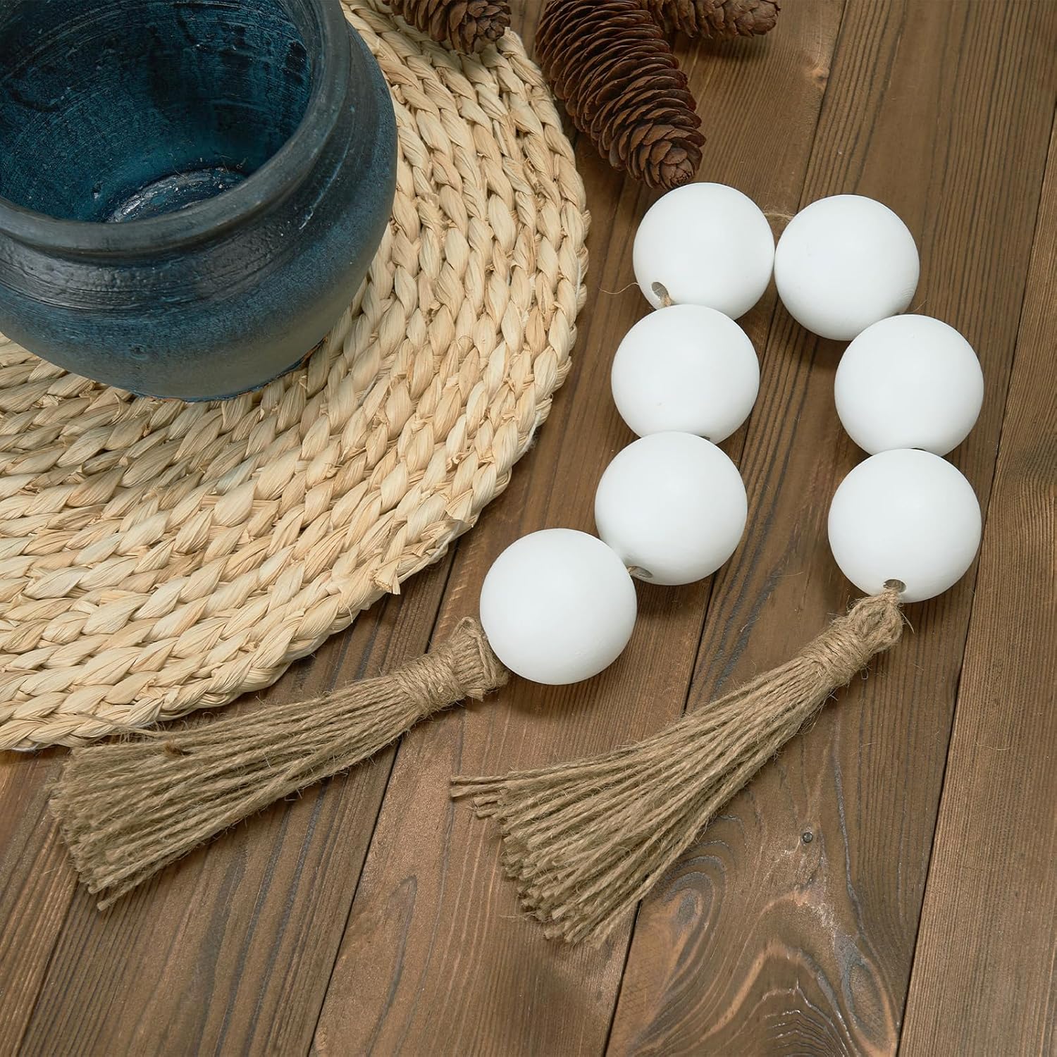 OMISHE Extra Large Wood Bead Garland with 2&#34; Diameter Wooden Beads, 25.5&#34; Long Rustic Farmhouse Wooden Decorative Beads Boho Decorations for Home Table Mantle, White