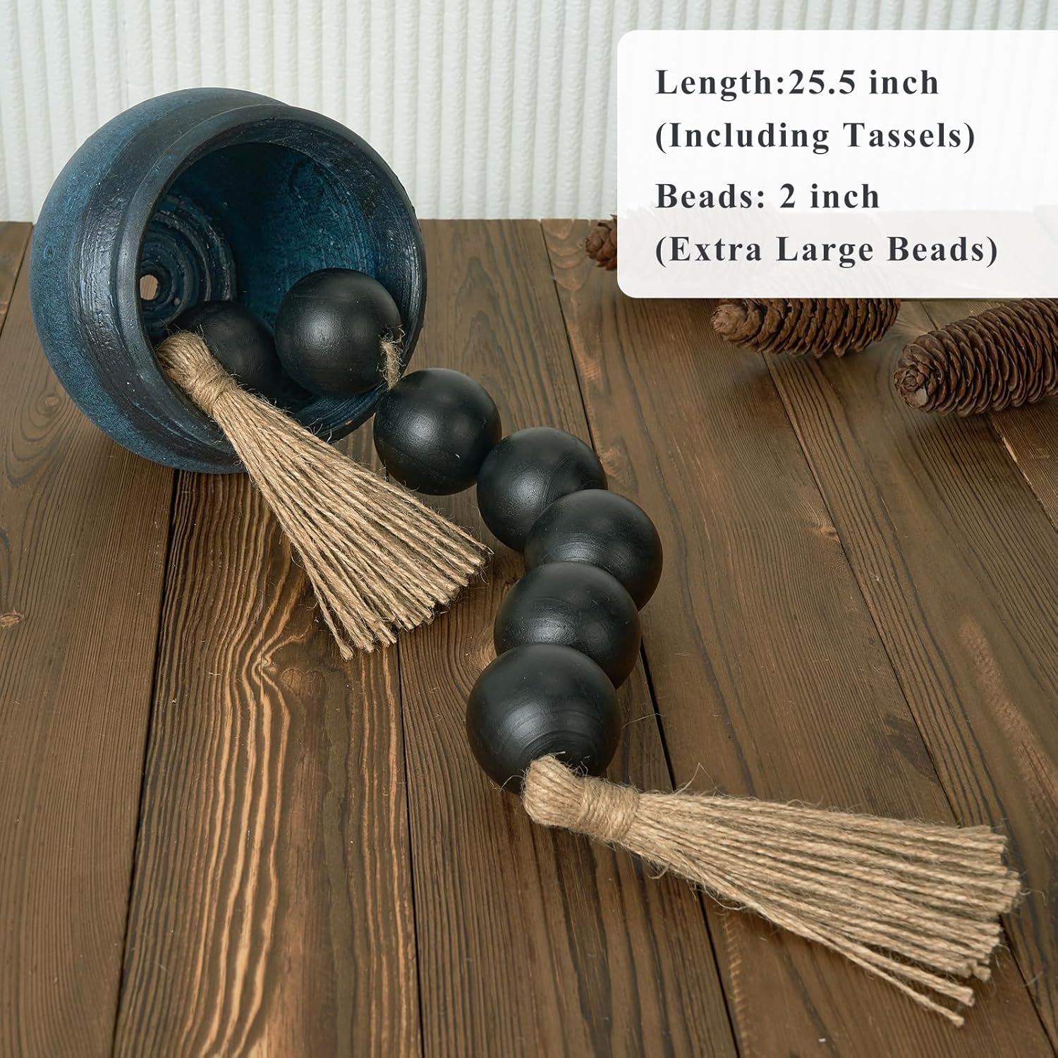 OMISHE Extra Large Wood Bead Garland with 2&#34; Diameter Wooden Beads, 25.5&#34; Long Rustic Farmhouse Decorative Wooden Beads Garland with Tassels, Boho Decorations for Home Table Mantle, Black