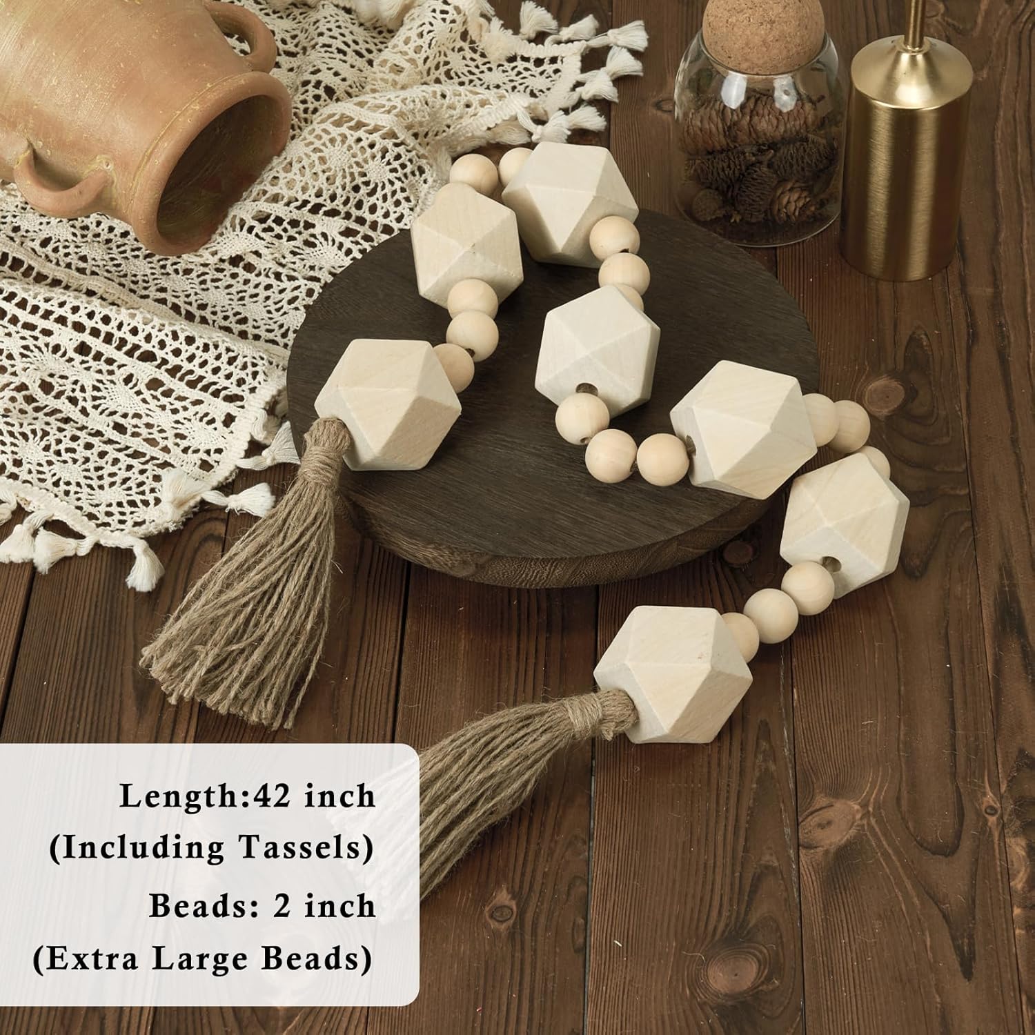 Extra Large Wood Bead Garland with 2&#34; Diameter Wooden Beads, 42&#34; Long Rustic Farmhouse Wooden Beads Garland with Tassels, Decorative Beads Boho Decorations for Home Table Mantle Natural Beige