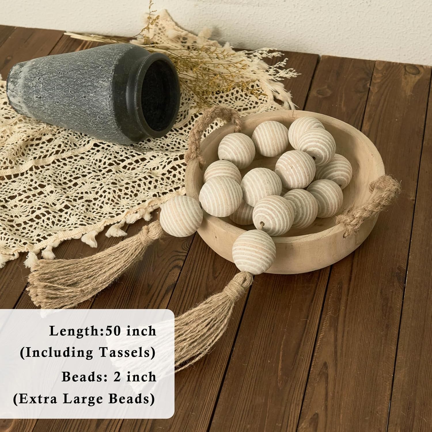 50&#34; Long Ribbed Extra Large Wood Bead Garland with 2&#34; Diameter Wooden Beads, Rustic Farmhouse Wooden Beads Garland with Tassels, Boho Decorative Beads for Home Table Mantle Rustic White