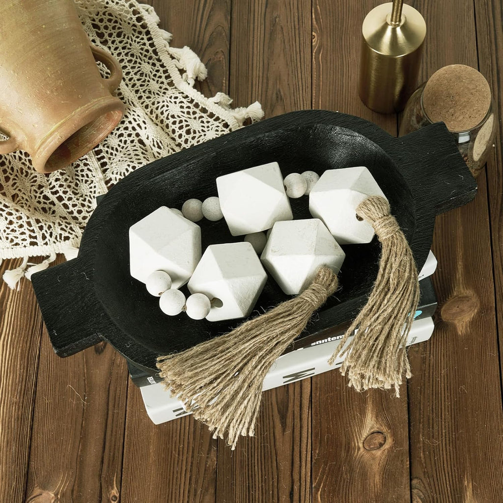 2&#34; Octagonal Extra Large Wood Bead Garland with Tassels, 28&#34; Long Rustic Farmhouse Wooden Beads Garland, Decorative Beads Boho Decorations for Home Table Mantle White