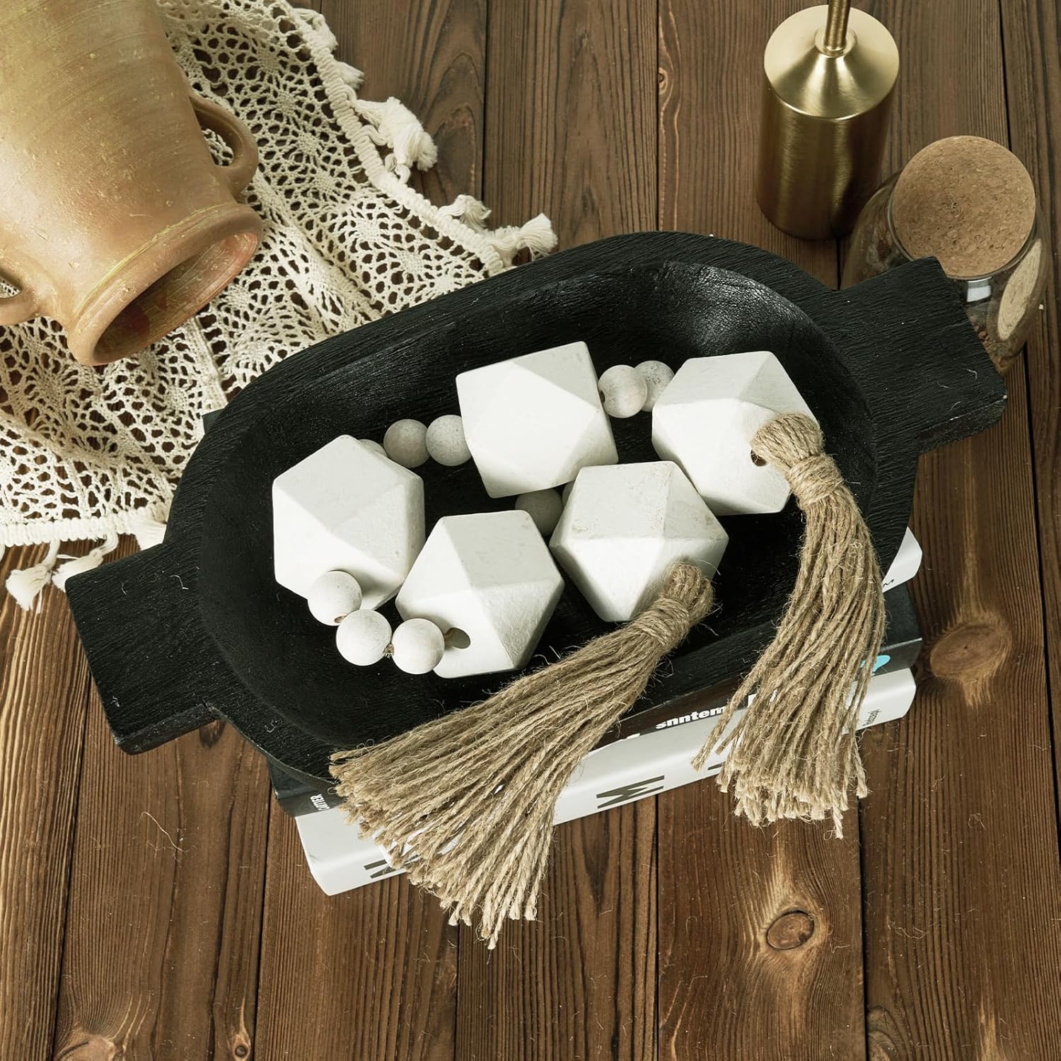 2&#34; Octagonal Extra Large Wood Bead Garland with Tassels, 28&#34; Long Rustic Farmhouse Wooden Beads Garland, Decorative Beads Boho Decorations for Home Table Mantle White