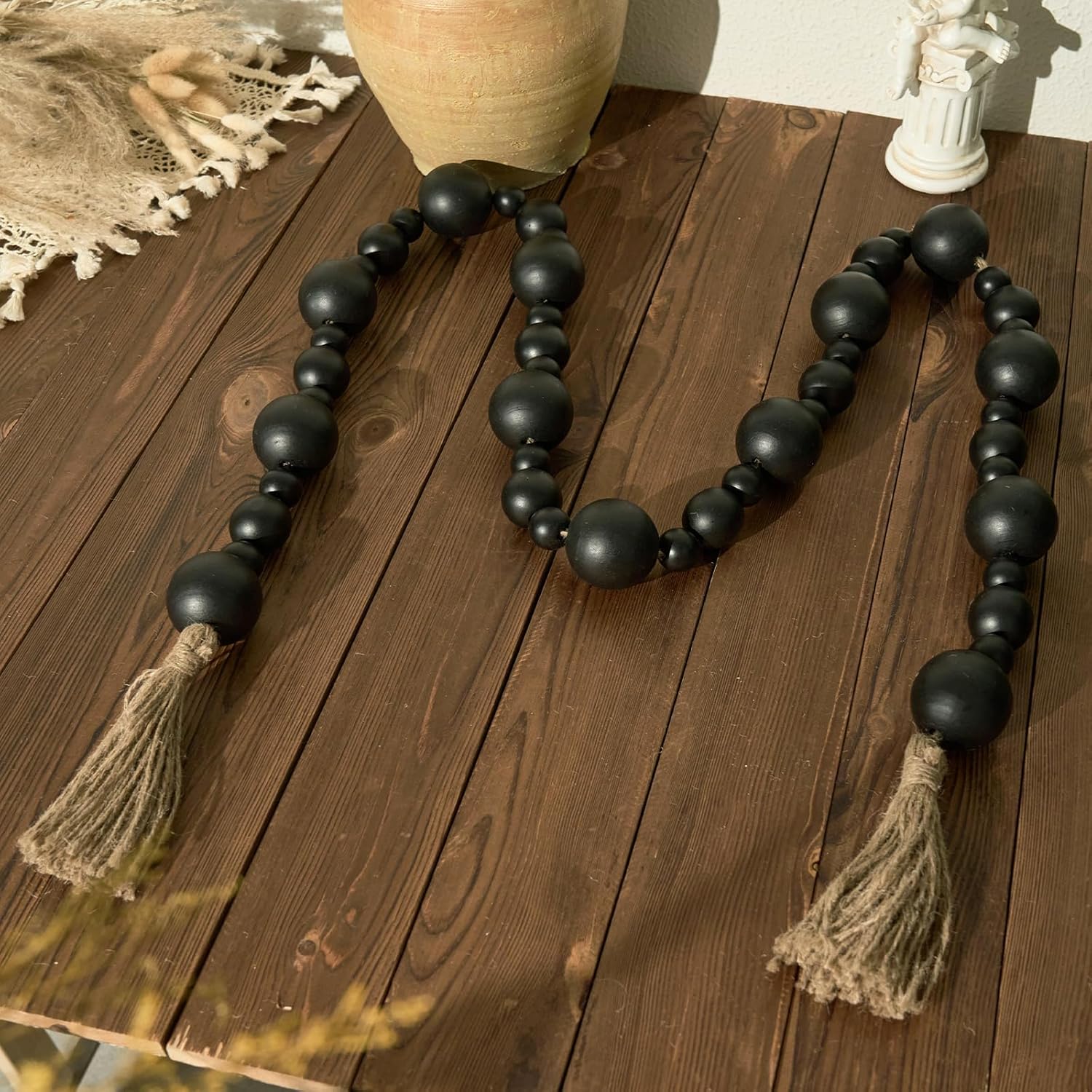 2&#34; Extra Large Wood Bead Garland with Tassels, 75&#34; Long Rustic Farmhouse Wooden Beads Garland, Decorative Beads Boho Decorations for Home Table Mantle Black
