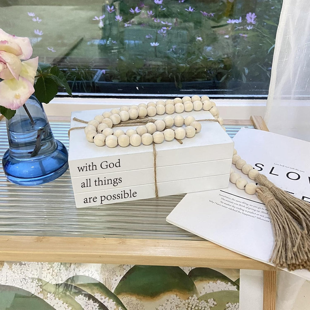 Decorative Books for Home Decor, White Faux Books for Decoration, Rustic Farmhouse Stacked Display Books (with God All Things are Possible)