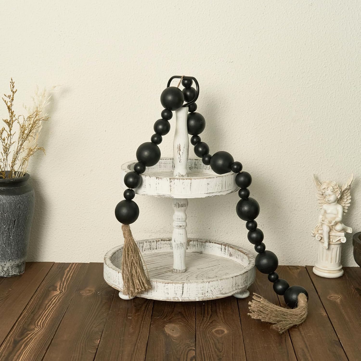 2&#34; Extra Large Wood Bead Garland with Tassels, 50&#34; Long Rustic Farmhouse Wooden Beads Garland, Decorative Beads Boho Decorations for Home Table Mantle Black