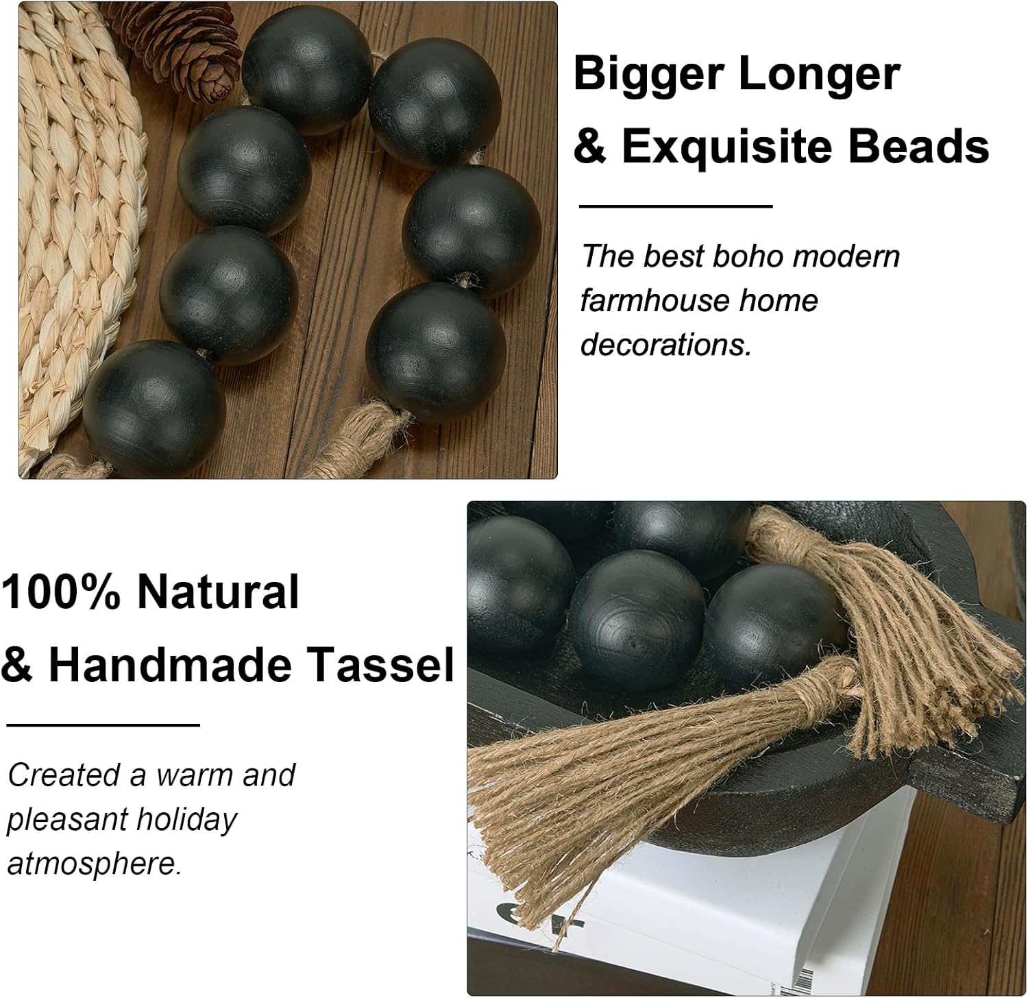 OMISHE Extra Large Wood Bead Garland with 2&#34; Diameter Wooden Beads, 25.5&#34; Long Rustic Farmhouse Decorative Wooden Beads Garland with Tassels, Boho Decorations for Home Table Mantle, Black