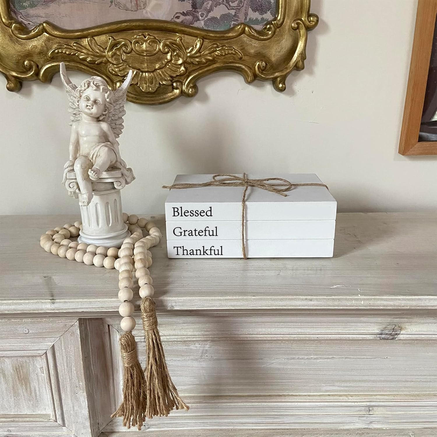 OMISHE Decorative Books for Home Decor, White Faux Books for Decoration, Rustic Farmhouse Stacked Display Decor Book with Wood Bead Garland for Coffee Tables Living Room (Blessed)