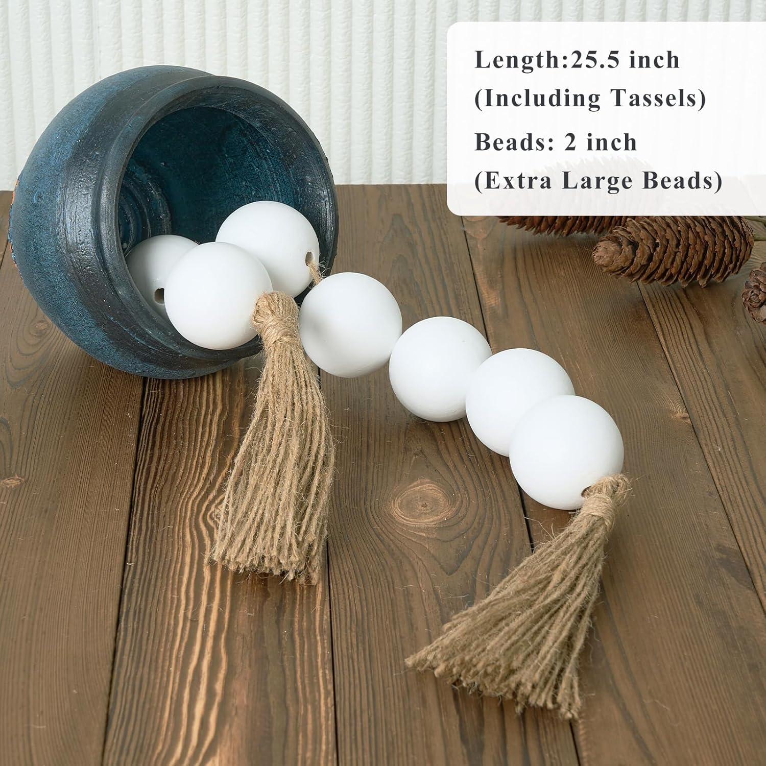 OMISHE Extra Large Wood Bead Garland with 2&#34; Diameter Wooden Beads, 25.5&#34; Long Rustic Farmhouse Wooden Decorative Beads Boho Decorations for Home Table Mantle, White