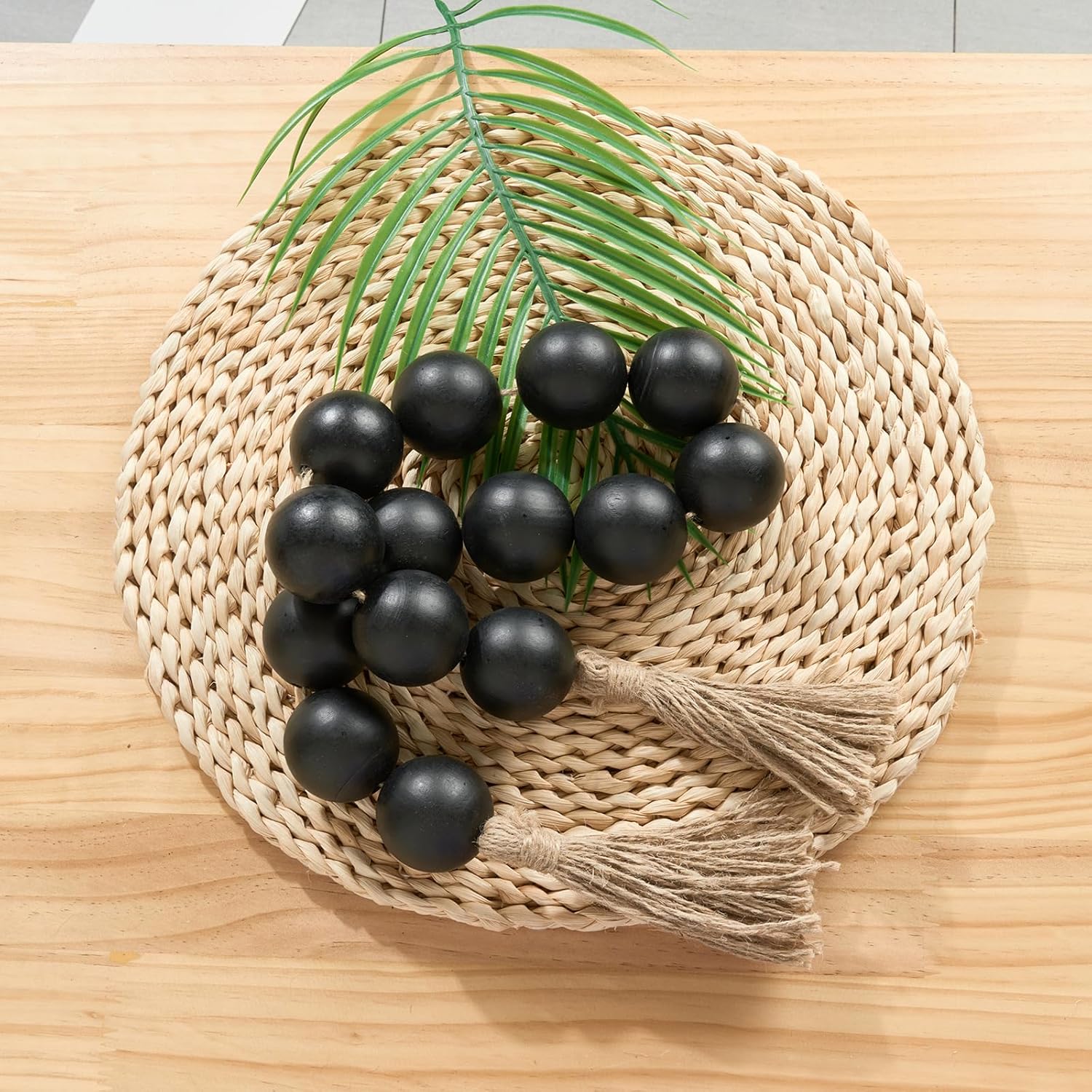 OMISHE Extra Large Wood Bead Garland with 2&#34; Diameter Wooden Beads, 41&#34; Long Rustic Farmhouse Wooden Beads Garland with Tassels, Decorative Beads Boho Decorations for Home Table Mantle Black