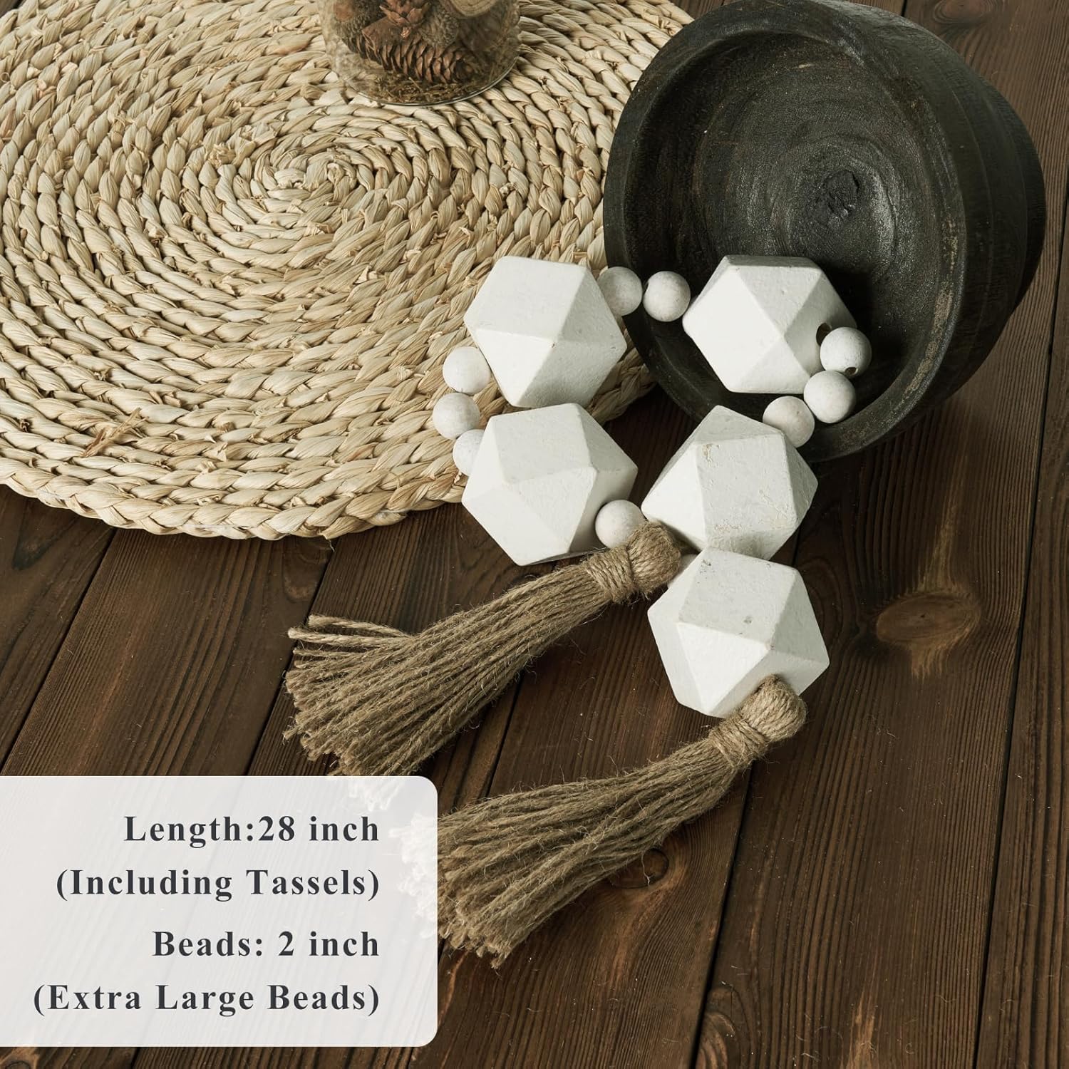 2&#34; Octagonal Extra Large Wood Bead Garland with Tassels, 28&#34; Long Rustic Farmhouse Wooden Beads Garland, Decorative Beads Boho Decorations for Home Table Mantle White