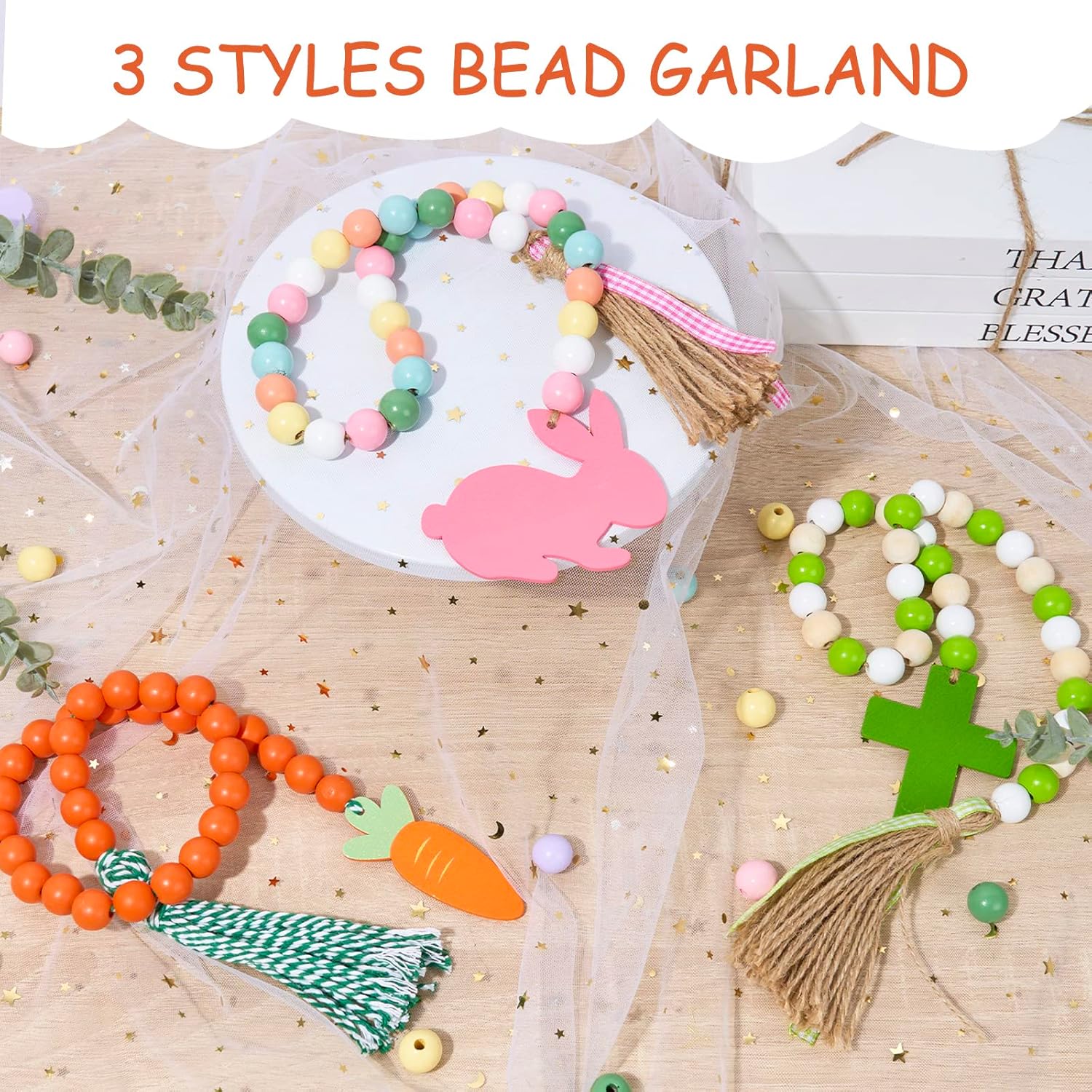 3 Pieces Easter Wood Bead Garlands with Tassels, Easter Decorations for Home, Rustic Farmhouse Country Bunny Rabbit Carrot Cross Tag Wooden Beads Garland for Tiered Tray Decor