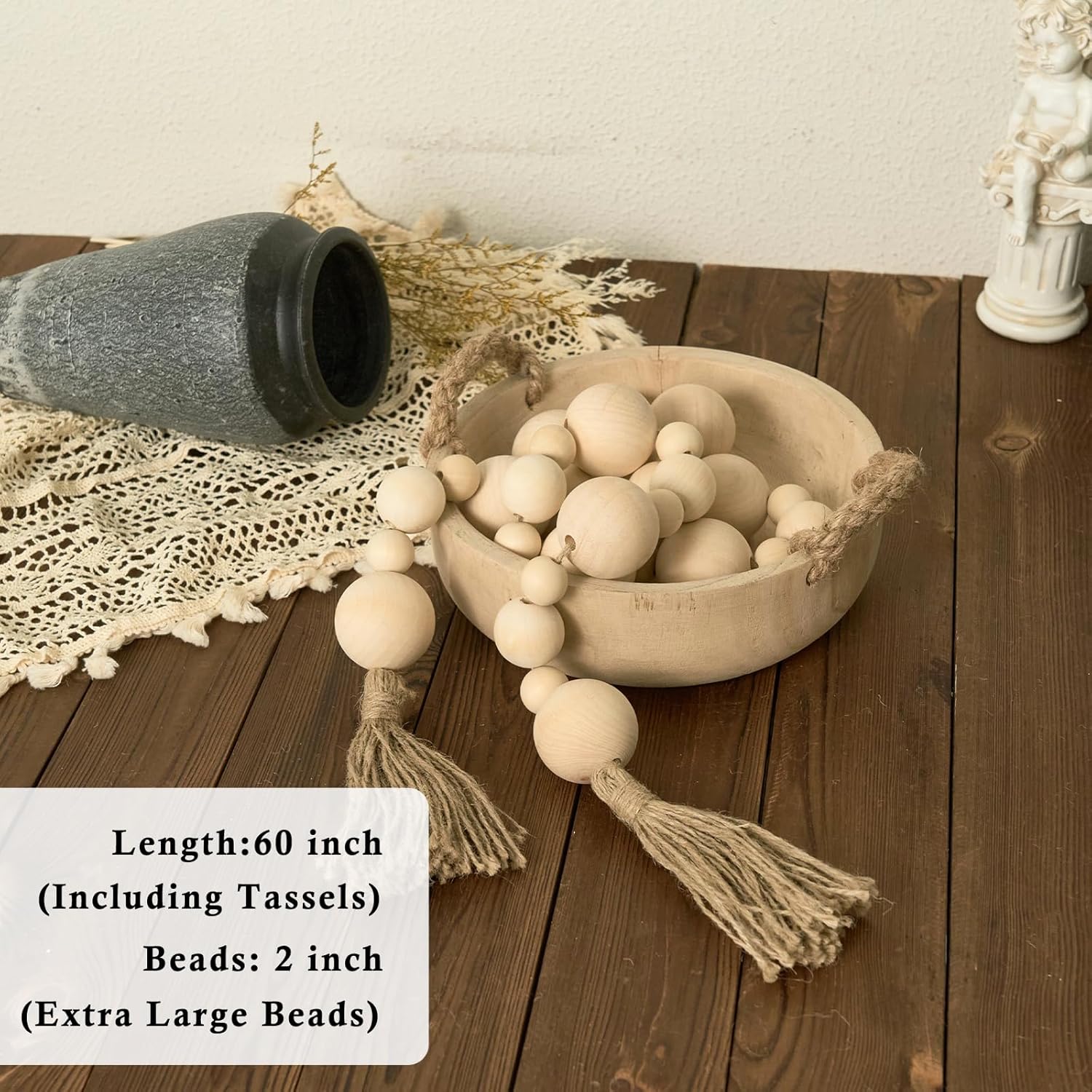 2&#34; Extra Large Wood Bead Garland with Tassels, 60&#34; Long Rustic Farmhouse Wooden Beads Garland, Decorative Beads Boho Decorations for Home Table Mantle Natural Beige