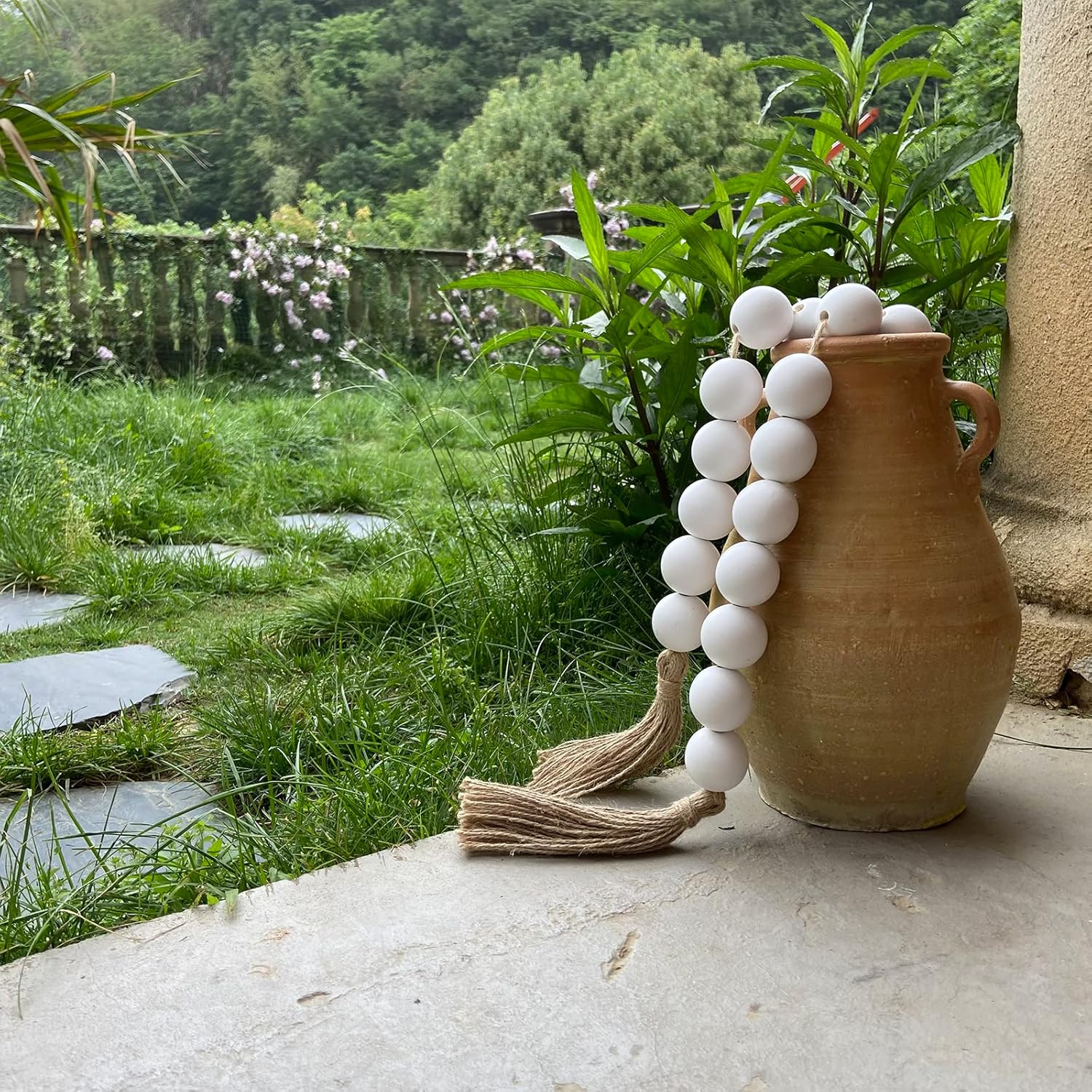 OMISHE 50&#34; Long Extra Large Wood Bead Garland with 1.6&#34; Diameter Wooden Beads and Tassels, Rustic Farmhouse Country Decorative Beads for Home Tiered Tray Decor, White