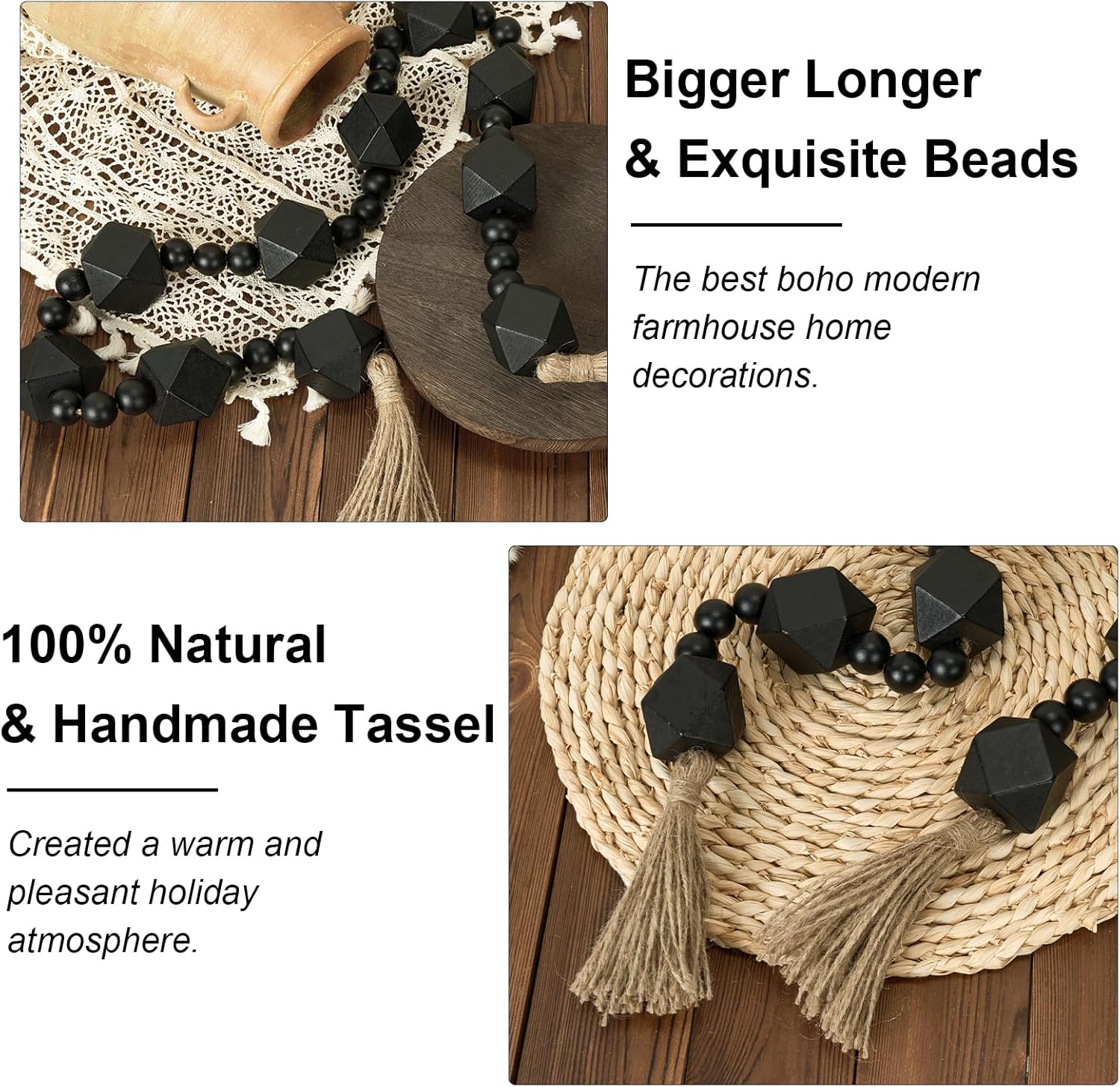 2&#34; Octagonal Extra Large Wood Bead Garland with Tassels, 55&#34; Long Rustic Farmhouse Wooden Beads Garland, Decorative Beads Boho Decorations for Home Table Mantle Black